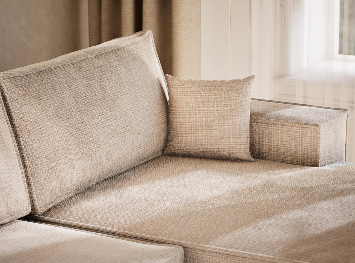 WOHNLANDSCHAFT Kyoto Creme Chenille-Stoff - Creme/Schwarz, Holz/Holzwerkstoff (398/70/148cm) - Maison de Reve