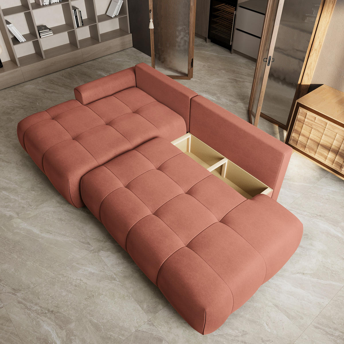 ECKSOFA FLUMA CL L-S Koralle Samtstoff mit Schlaffunktion - Koralle, Holzwerkstoff/Textil (279/158cm) - MASSENO