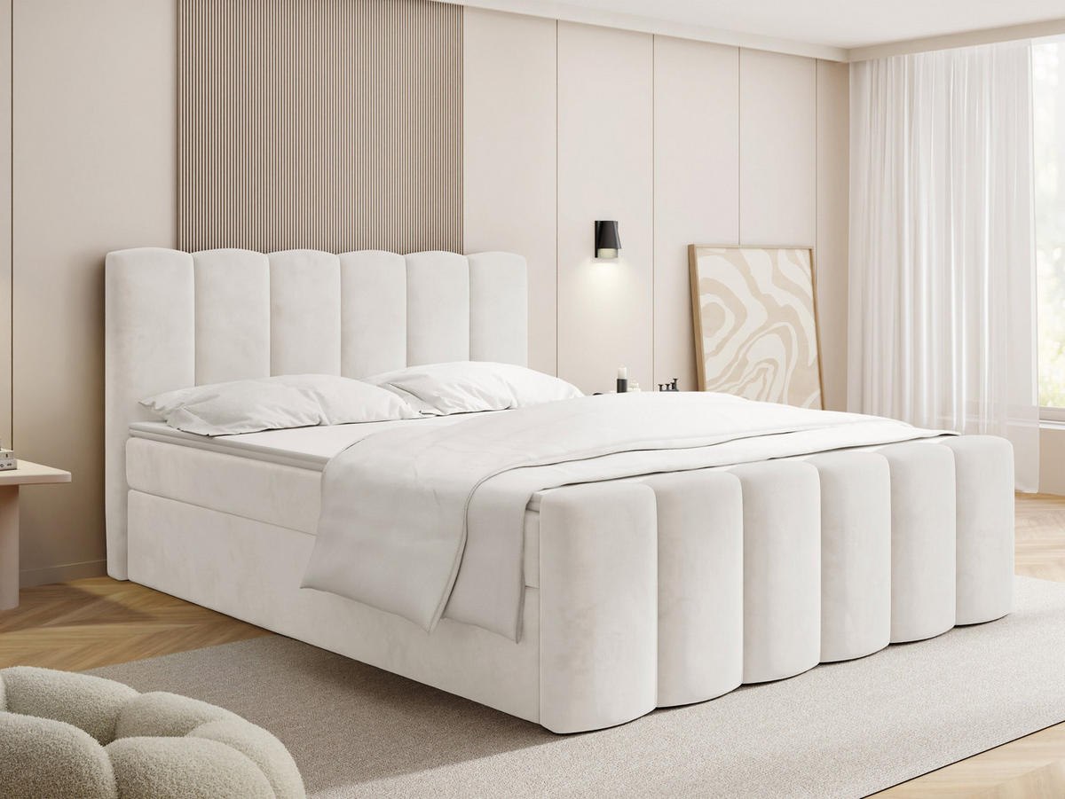 BOXBETT Serenity mit Bettkasten, Samt Creme 120x200 cm – inkl. H4 Taschenfederkern Matratze & Foam Topper - Beige/Creme, Holz/Holzwerkstoff (120/200cm) - WFL GROUP