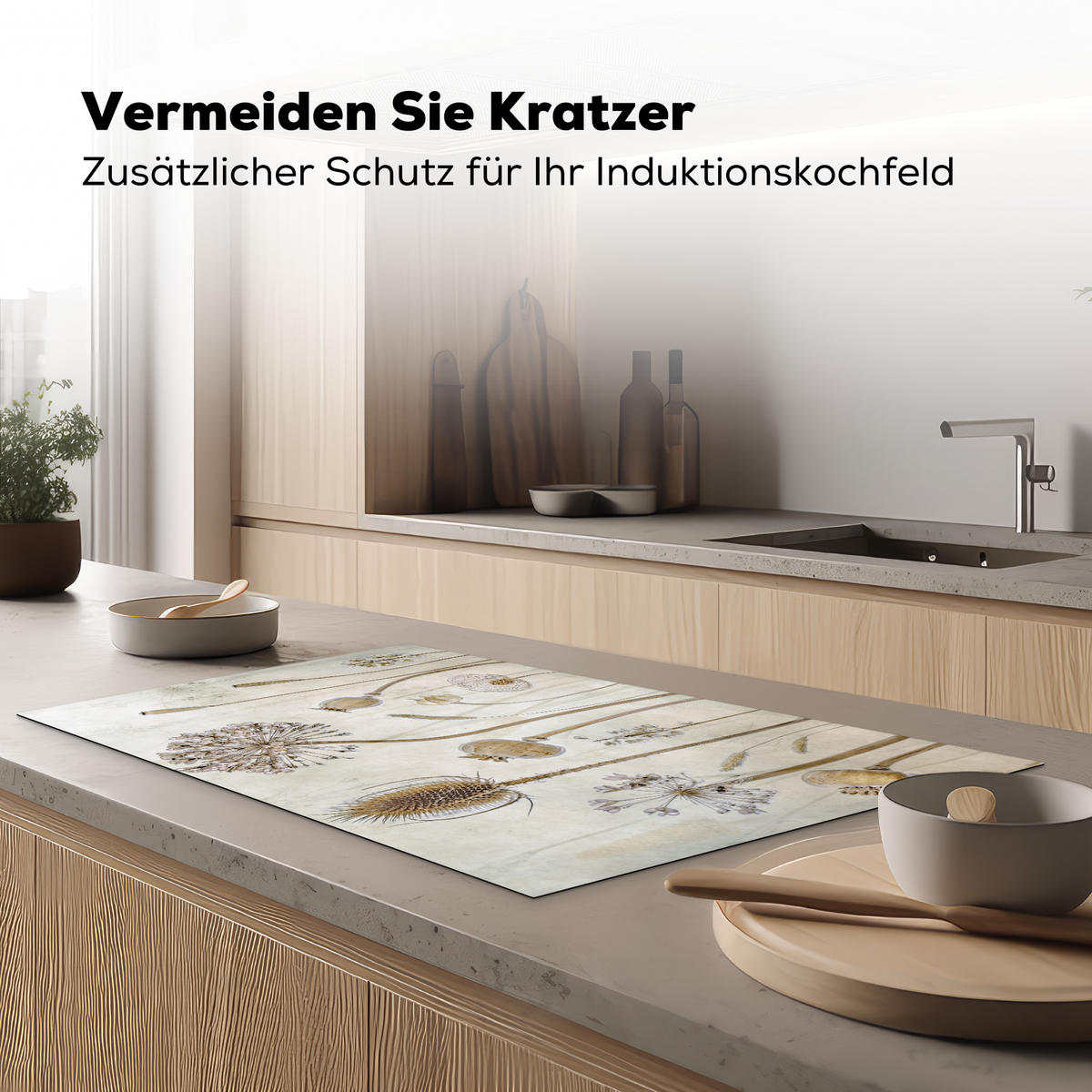 HERDABDECKPLATTE Blumen - Aquarell - Stilleben - Braun - Vintage 91x52 cm - Sandfarben, Kunststoff (91.6/0.2/52.7cm) - MuchoWow