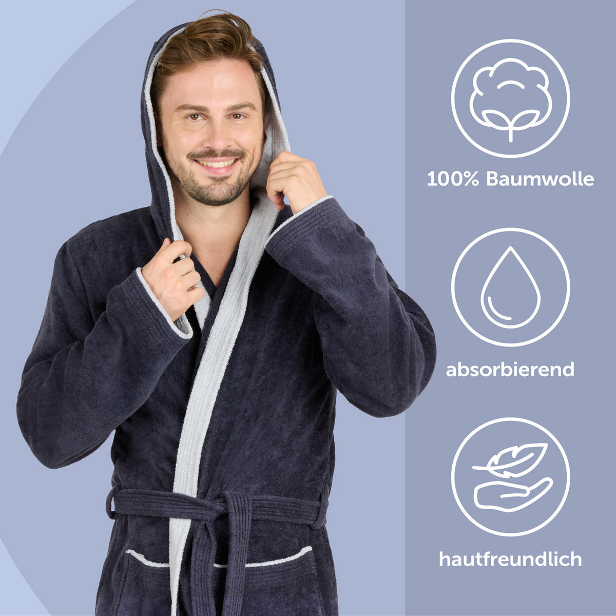 BADENMANTEL Herren L - mit gefütterter Kapuze aus 100% Baumwolle, Dunkelblau - Dunkelblau, Textil (Lnull) - Blumtal