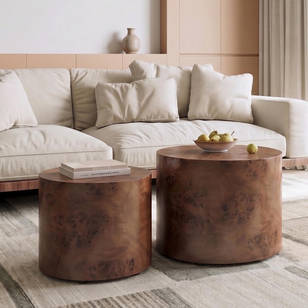 COUCHTISCHE 2er Set runde Nesting-Tische aus Naturholz mit einzigartiger Burl-Maserung – platzsparender Beistelltisch für Wohnzimmer, Balkon & Büro - Dunkelbraun, Holzwerkstoff (48/48/38cm)