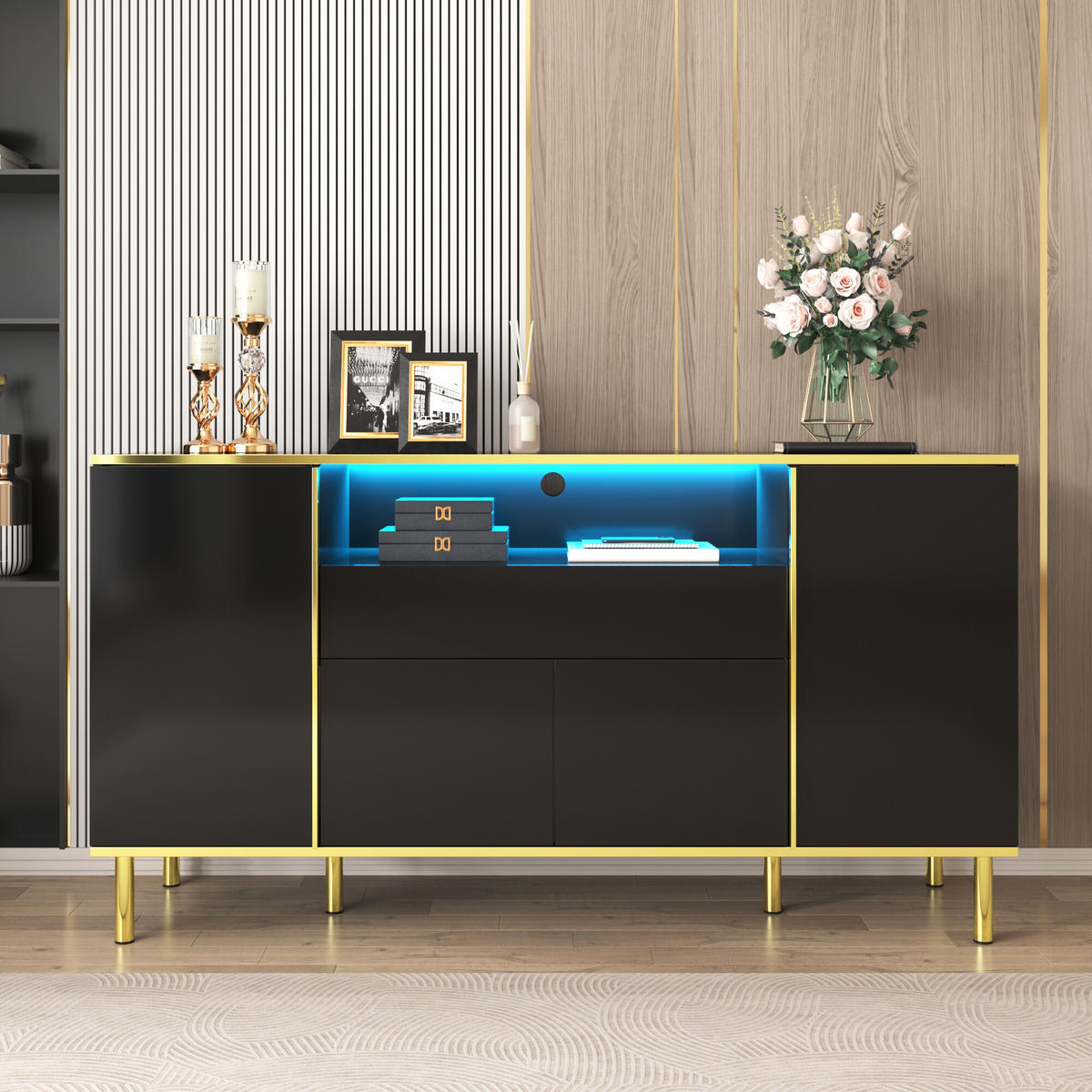 SIDEBOARD Schwarz mit LED 150/40/80 cm - Schwarz, Holzwerkstoff (40/80/150cm) - Urban Meuble