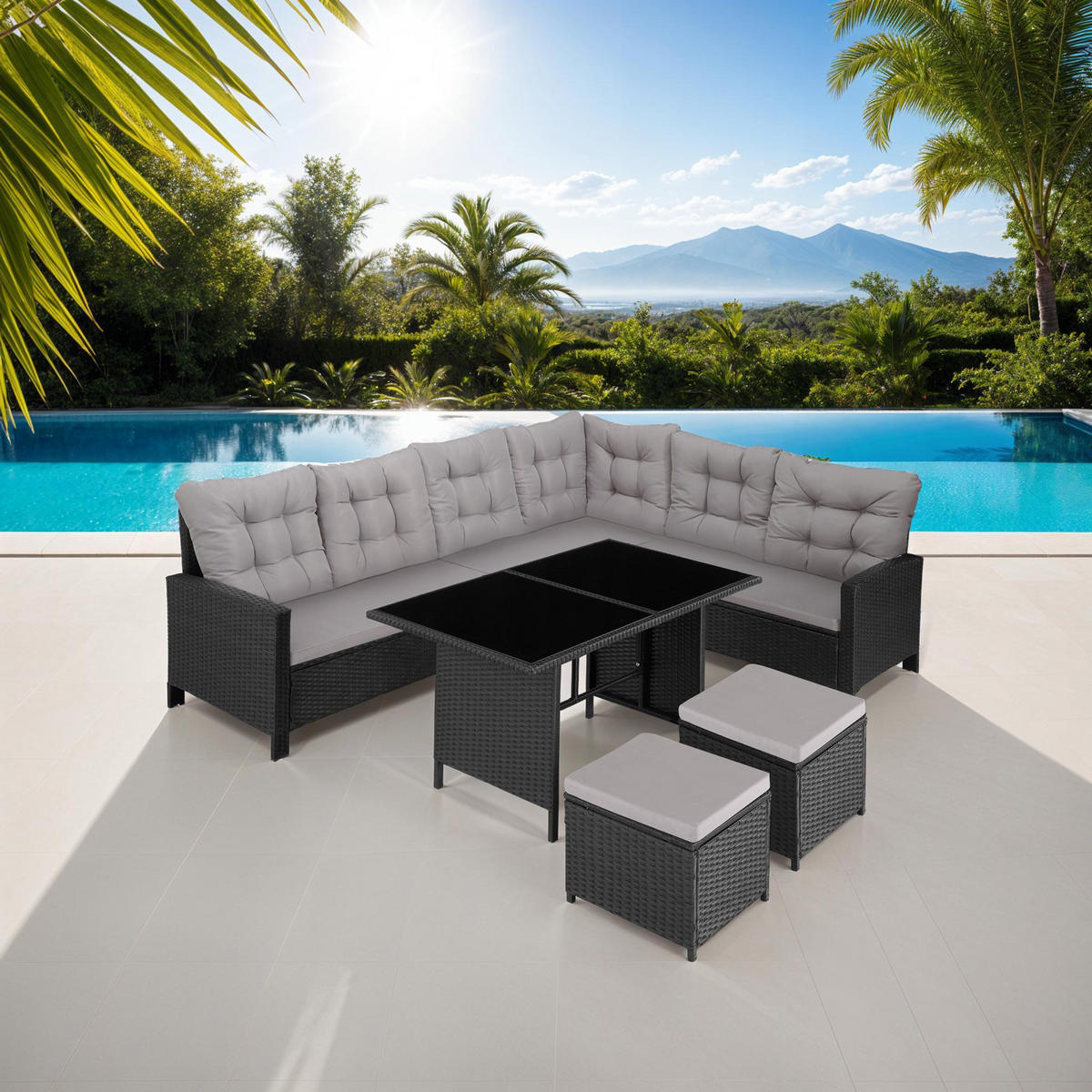 RATTANLOUNGE Barletta,mit Sicherheitsglasplatten,schwarz - Schwarz, Kunststoff - tectake