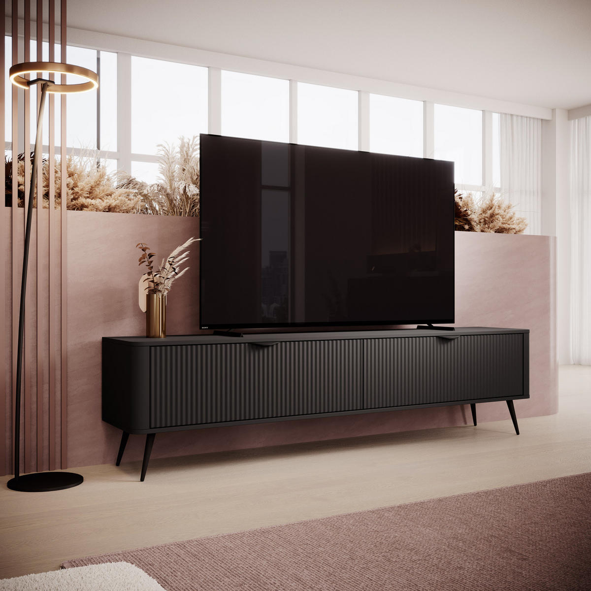TV-LOWBOARD 200 cm Schwarz - mit geriffelten Fronten und 2 Klappen - Schwarz, Holz/Holzwerkstoff (200/51/38cm) - Ravio