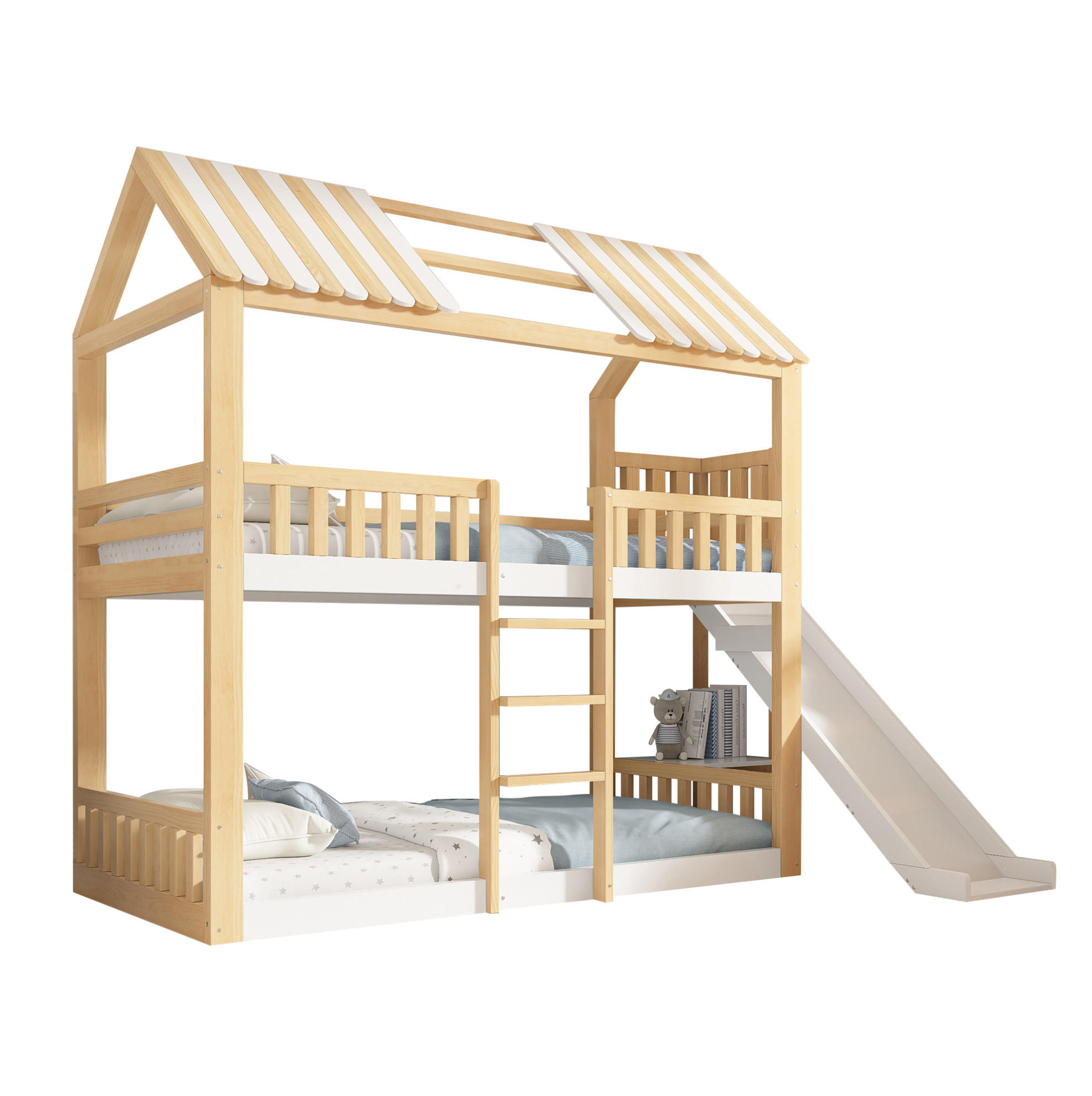 ETAGENBETT mit Giebeldach 90/200 cm Weiß Natur mit Regal, ohne Matratze - Weiß, Holz (90/200cm) - MIVRAY