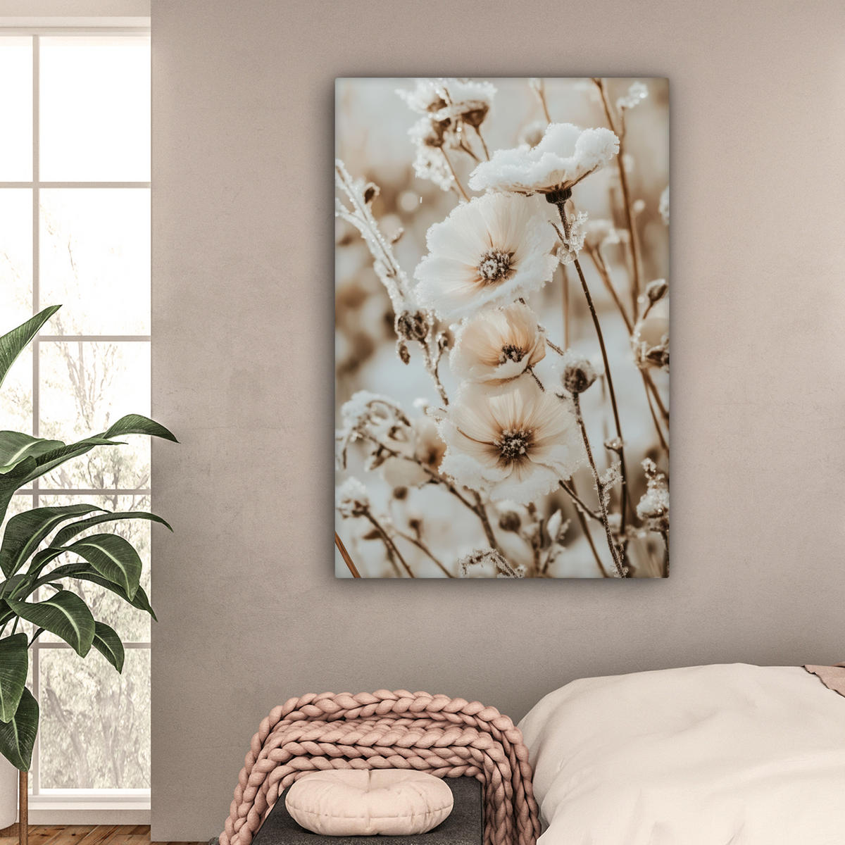 LEINWANDBILD Blumen - Winter - Weiß - Schnee - Beige Deko Groß 90x140 cm - Creme, Textil (90/140cm) - MuchoWow