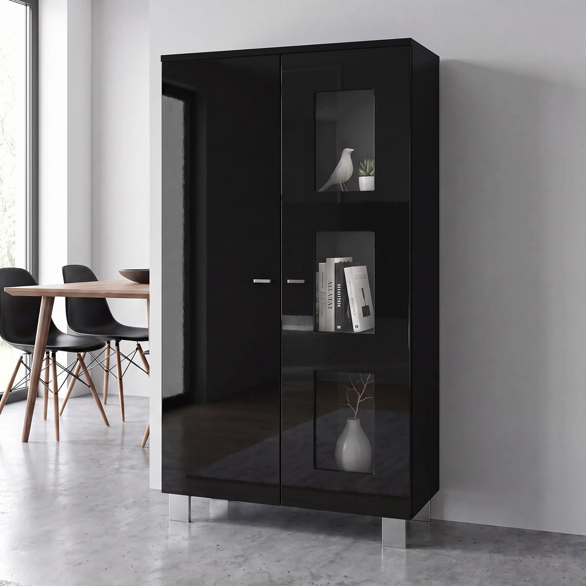 VITRINE Denjo Tür in Schwarz Hochglanz - Schwarz Hochglanz, Holzwerkstoff (71/129/35cm) - Vladon