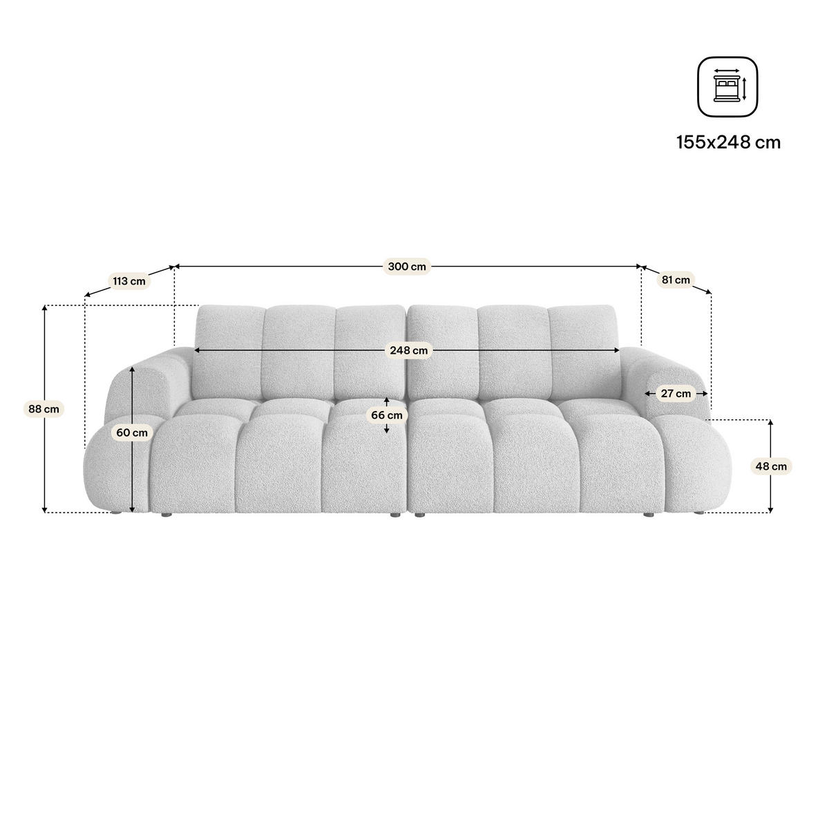 BETTSOFA DAFNE Braun Bucle-Stoff mit Schlaffunktion - Braun, Textil (300/88/113cm) - MASSENO