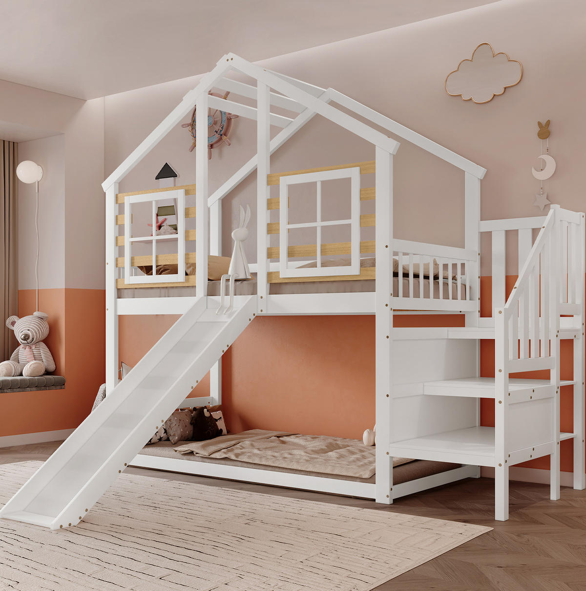 ETAGENBETT mit Treppe, Gitter, Rutsche und Fenster 90/200 cm, Weiß/Natur - Weiß, Holz (90/200cm) - MIVRAY