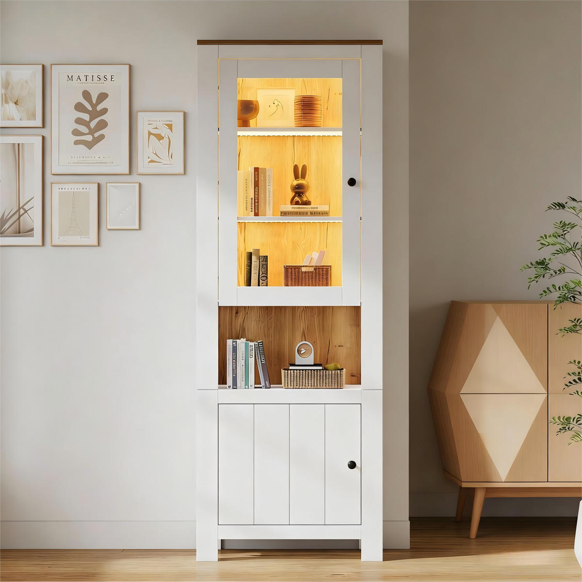 BUFFET mit Glastür und LED Hochschrank mit Stauraum für Wohnzimmer Weiß Natur 70x40x188 cm - Transparent/Weiß, Glas/Holzwerkstoff (70/188/40cm) - EVRYAE