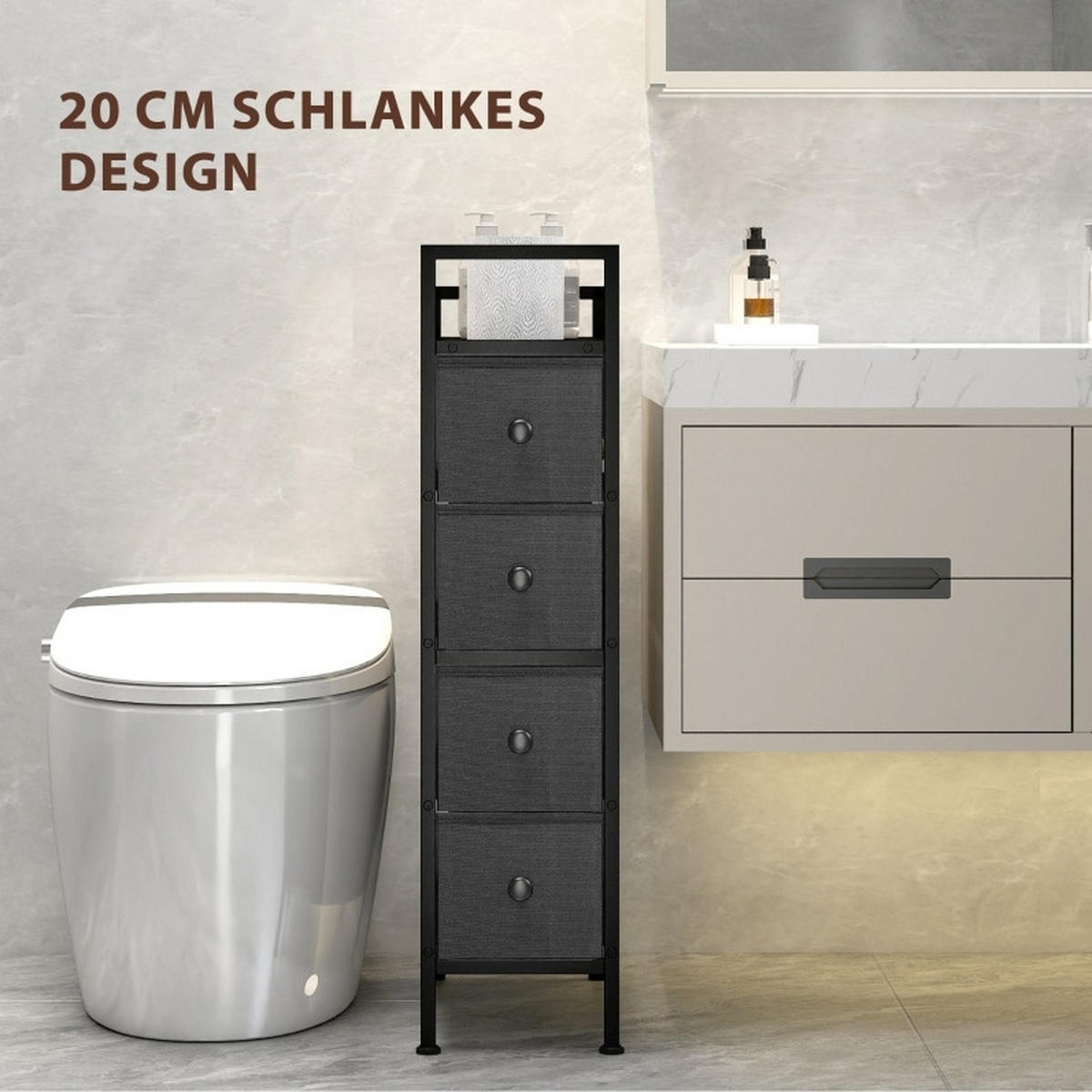 KOMMODE 20/43/81,5 cm mit 4 Schubladen und Stahlgestell - Schwarz, Holz (20/81.5/43cm) - BEAOK