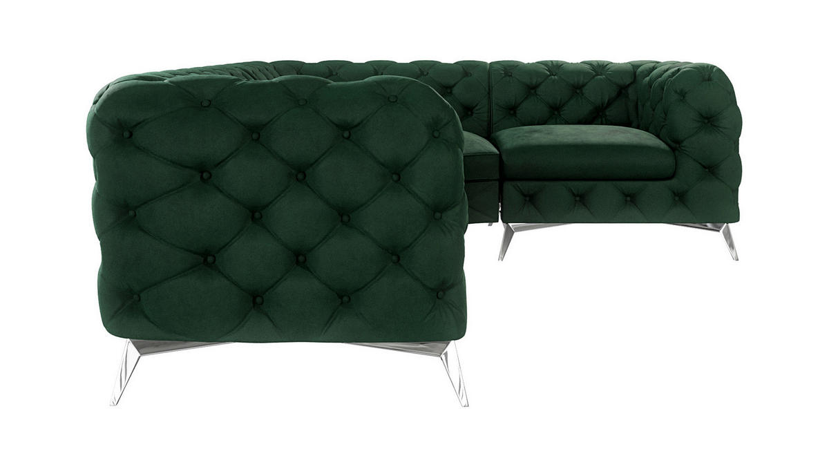 ECKSOFA Chesterfield Laura Flasche Grün Samt, Ottomane rechts - Smaragdgrün/Silberfarben, Holz/Textil (264/204cm) - S-Style Möbel