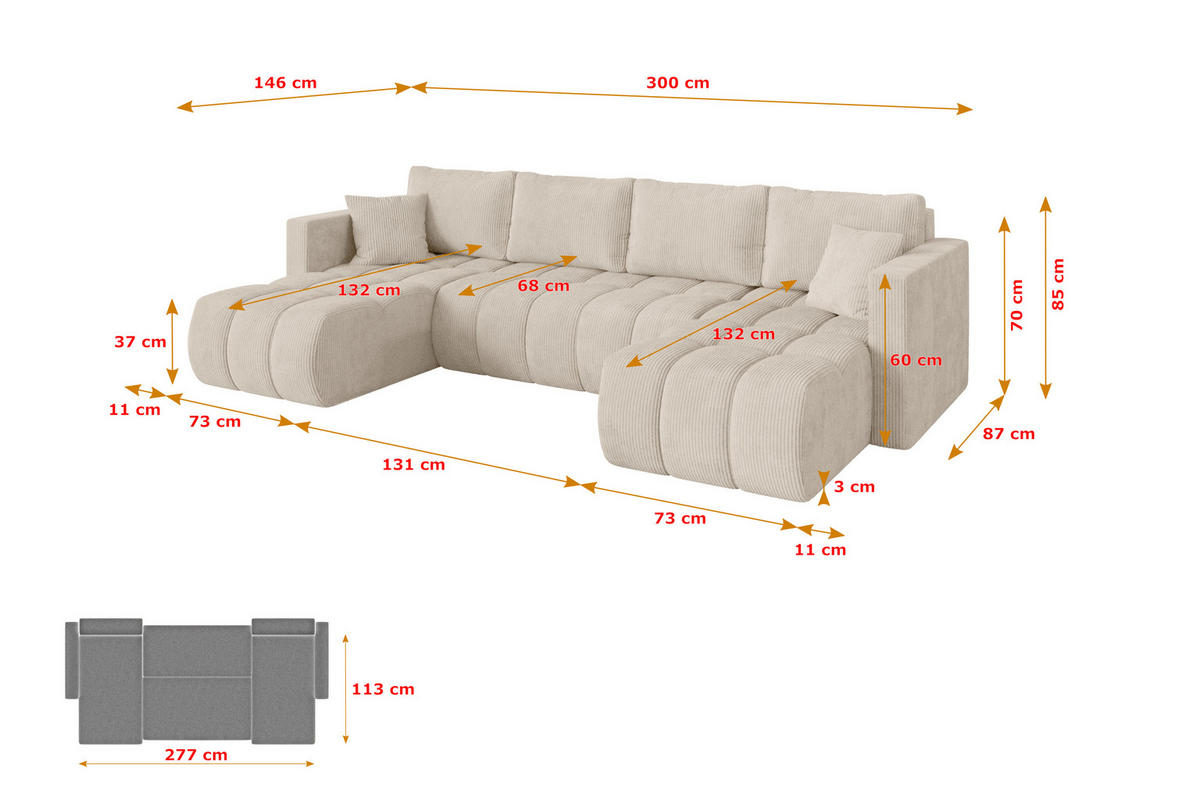 SEDACÍ SOUPRAVA DO U s funkcí spaní a úložným prostorem GARD-U 300x146x85 béžová manšestr - černá/béžová, kompozitní dřevo/textil (300/85/146cm) - ALTDECOR