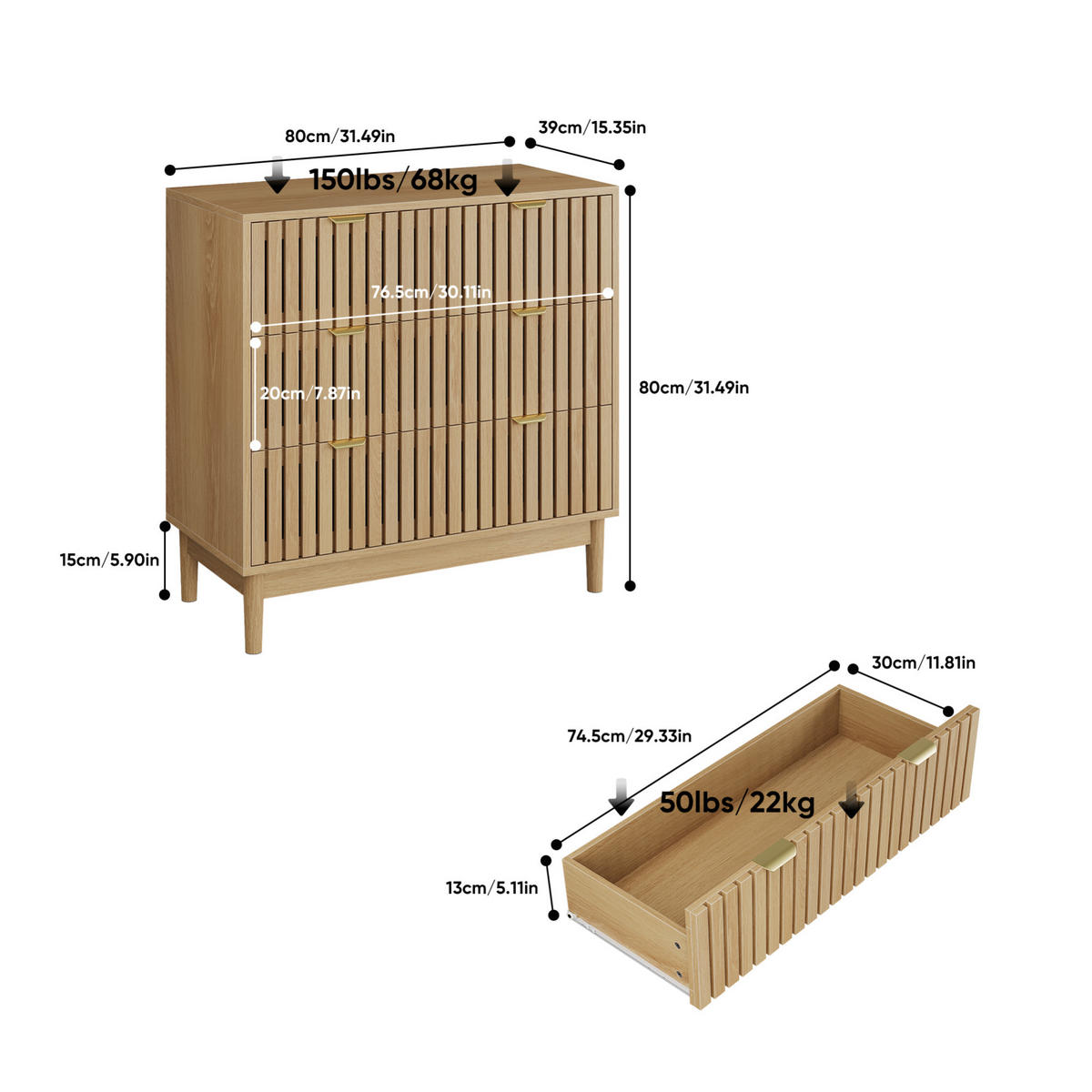 KOMMODE 80/39/80 cm in Eichefarben mit 3 Schubladen und Massivholzbeinen - Eichefarben, Holzwerkstoff (80/80/39cm) - BEAOK