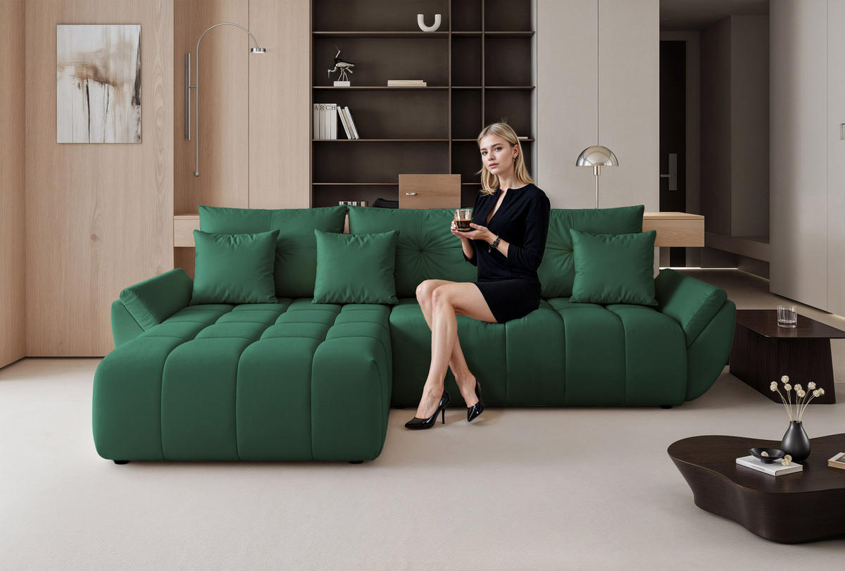 ECKSOFA ARO mit Schlaffunktion und Bettkasten Grün - Grün, Holzwerkstoff/Kunststoff (280/190cm) - Idohome