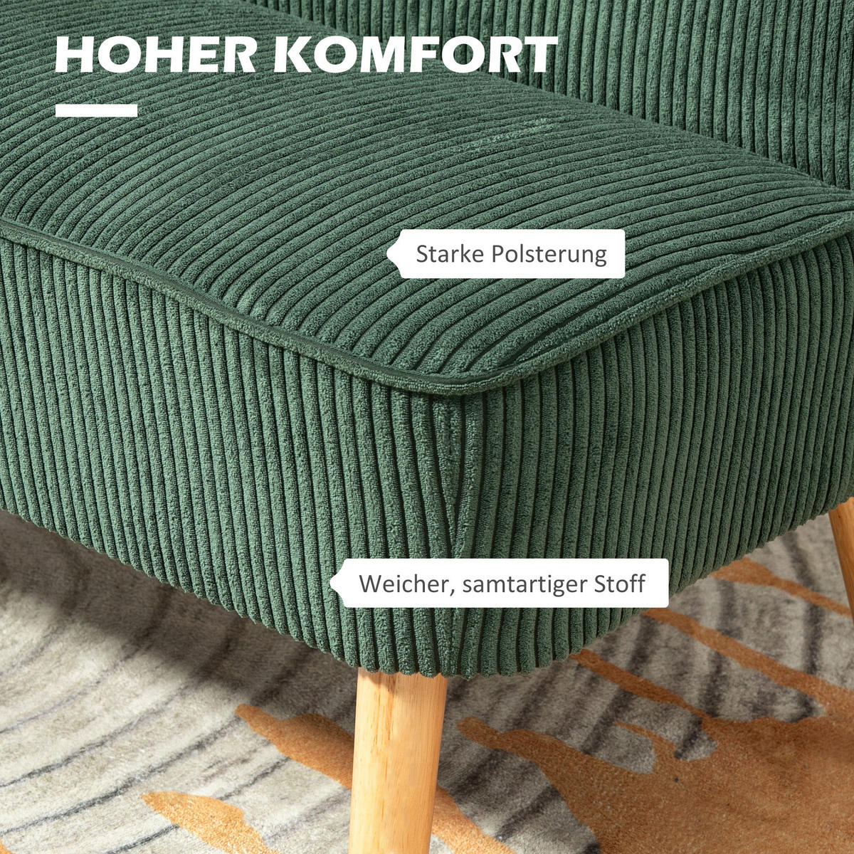 2 Sitzer Sofa, Gepolsterte Couch mit Kordoptik, Holzbeine für Wohnzimmer, Grün - Naturfarben/Grün, Holz/Textil (56.5/77/117cm) - HOMCOM