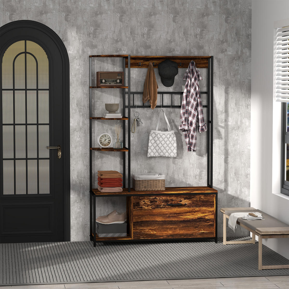 GARDEROBENSTÄNDER DE-17879 10 Haken & 2-stufiger Schuhschrank Braun - Braun, Holzwerkstoff (35/180/120cm) - ComfortXL