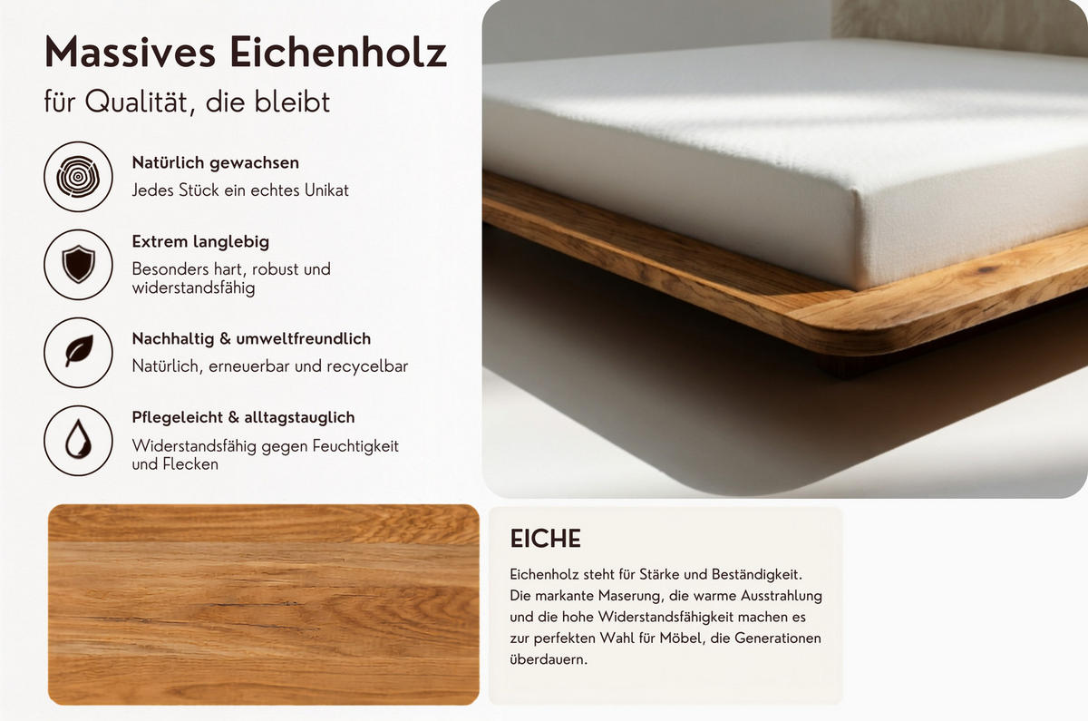 MASSIVHOLZBETT Eyko BORA, 200/200, Wildeiche - lackiert, Samt-Kopfteil Ecru - Ecru/Eichefarben, Holz/Textil (200/200cm)