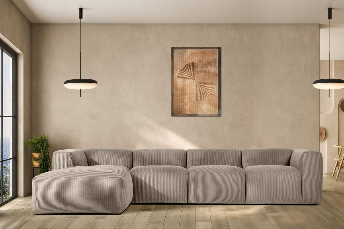 ECKMODULSOFA-RECHTS BUFFO 6-Sitzer mit extrem weicher Sitzfläche, Kordstoff, beige - Beige, Textil (377/180cm) - KONSIMO®