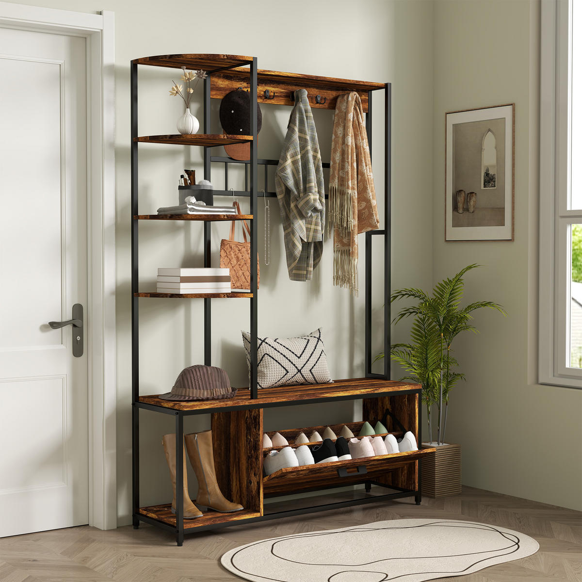 GARDEROBENSTÄNDER DE-17879 10 Haken & 2-stufiger Schuhschrank Braun - Braun, Holzwerkstoff (35/180/120cm) - ComfortXL