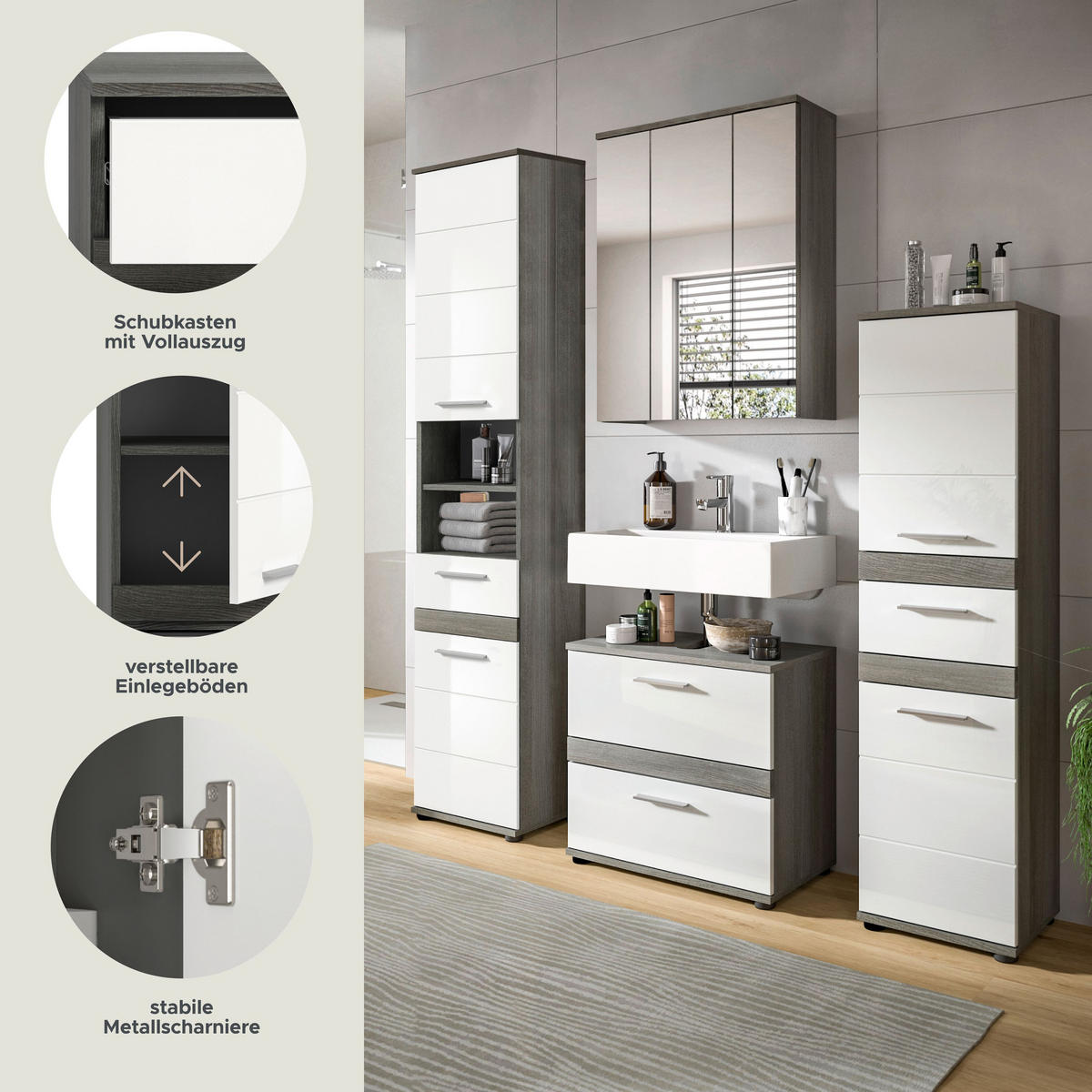 BADKOMBINATION 4tlg. Blake Bad in Rauchsilber Nachbildung und weiß hochglanz B/H/T: 160x191x34 cm - Anthrazit, Holz (160/191/34cm)