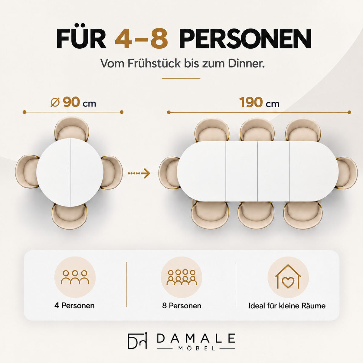 ESSTISCH rund ausziehbar 110/210/76 cm, Weiß, 54 cm Tischplatte + Metall Weiß - Weiß, Holzwerkstoff/Metall (110/210/76cm) - Damale Möbel
