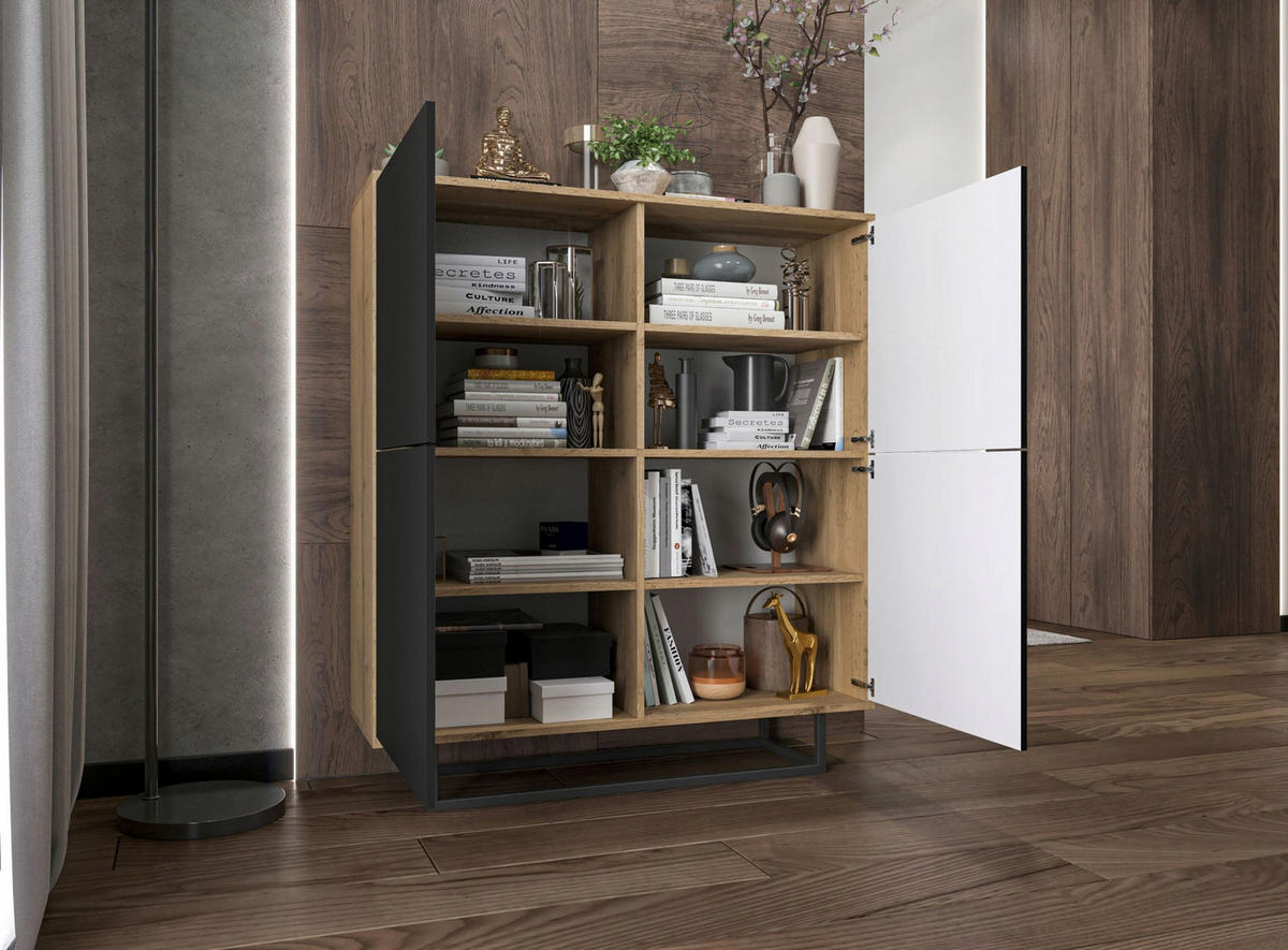 KOMMODE Apollo 4D Eiche wotan Schwarz Matt 113 cm - Schwarz, Holzwerkstoff/Metall (113/127/35cm) - Meble Lindner