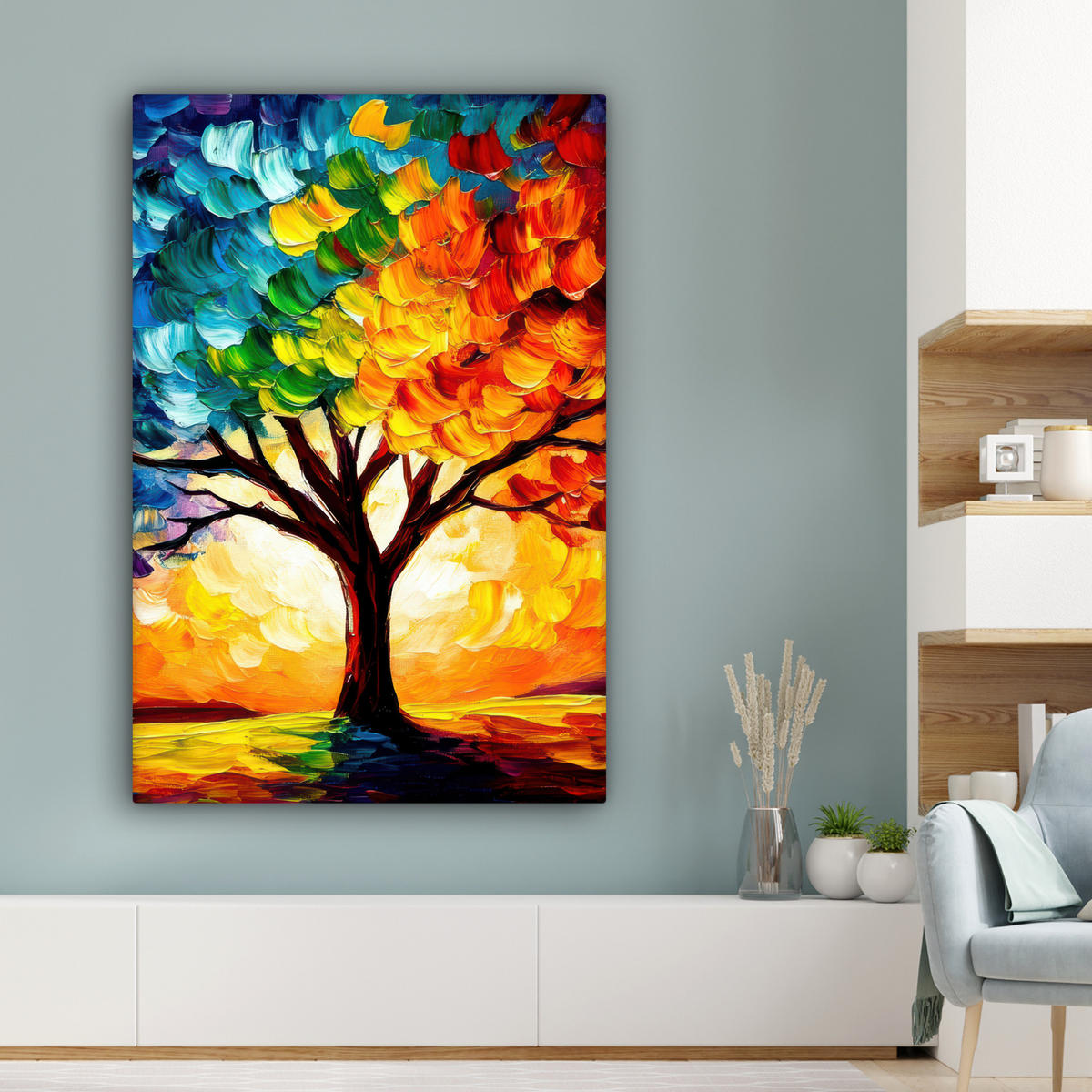 LEINWANDBILD - Baum - Kunst - Natur - Sonnenuntergang - 80x120 - Wanddeko - Multicolor, Textil (80/120cm) - MuchoWow