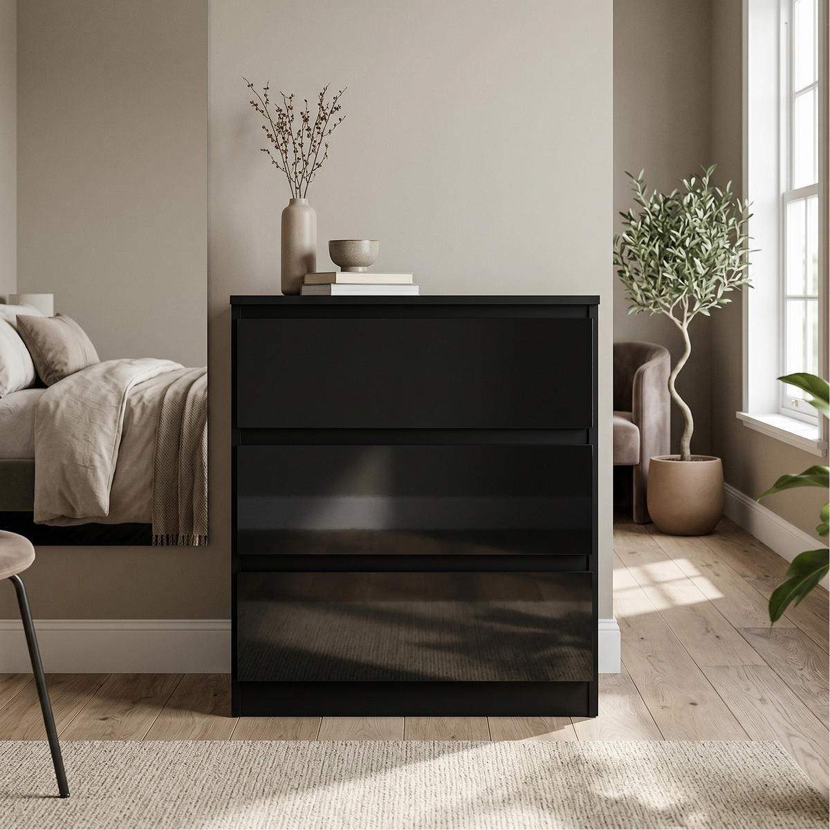 KOMMODE NUDO 70/78,5/39cm mit 3 Schubladen Türen Schwarz - Schwarz Hochglanz/Schwarz, Holzwerkstoff (70/78.5/39cm) - MASSENO