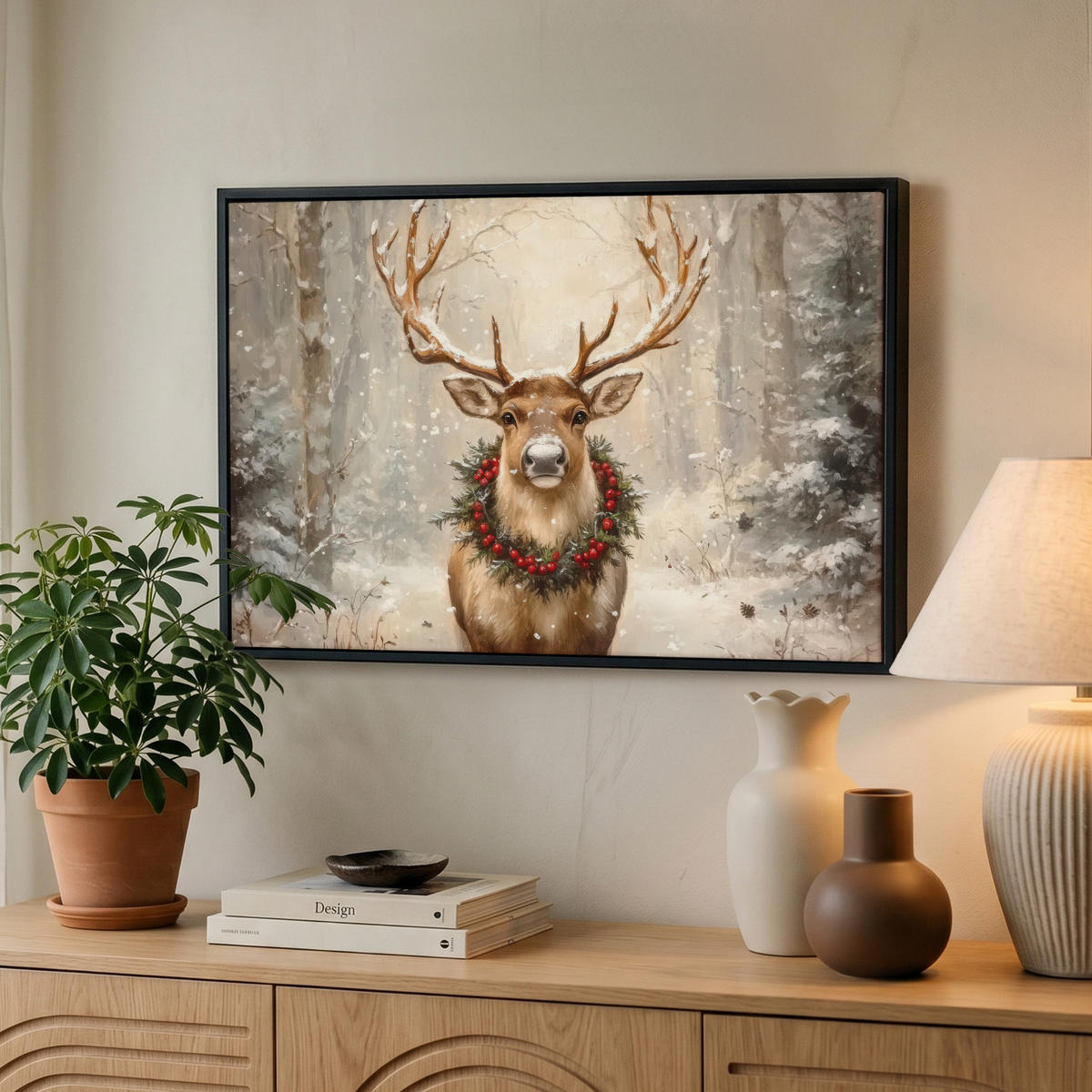 LEINWAND Bilder mit Rahmen - Weihnachten - Rentier - Winter - Kranz - 60x40 - Naturfarben, Textil (60/40cm) - MuchoWow