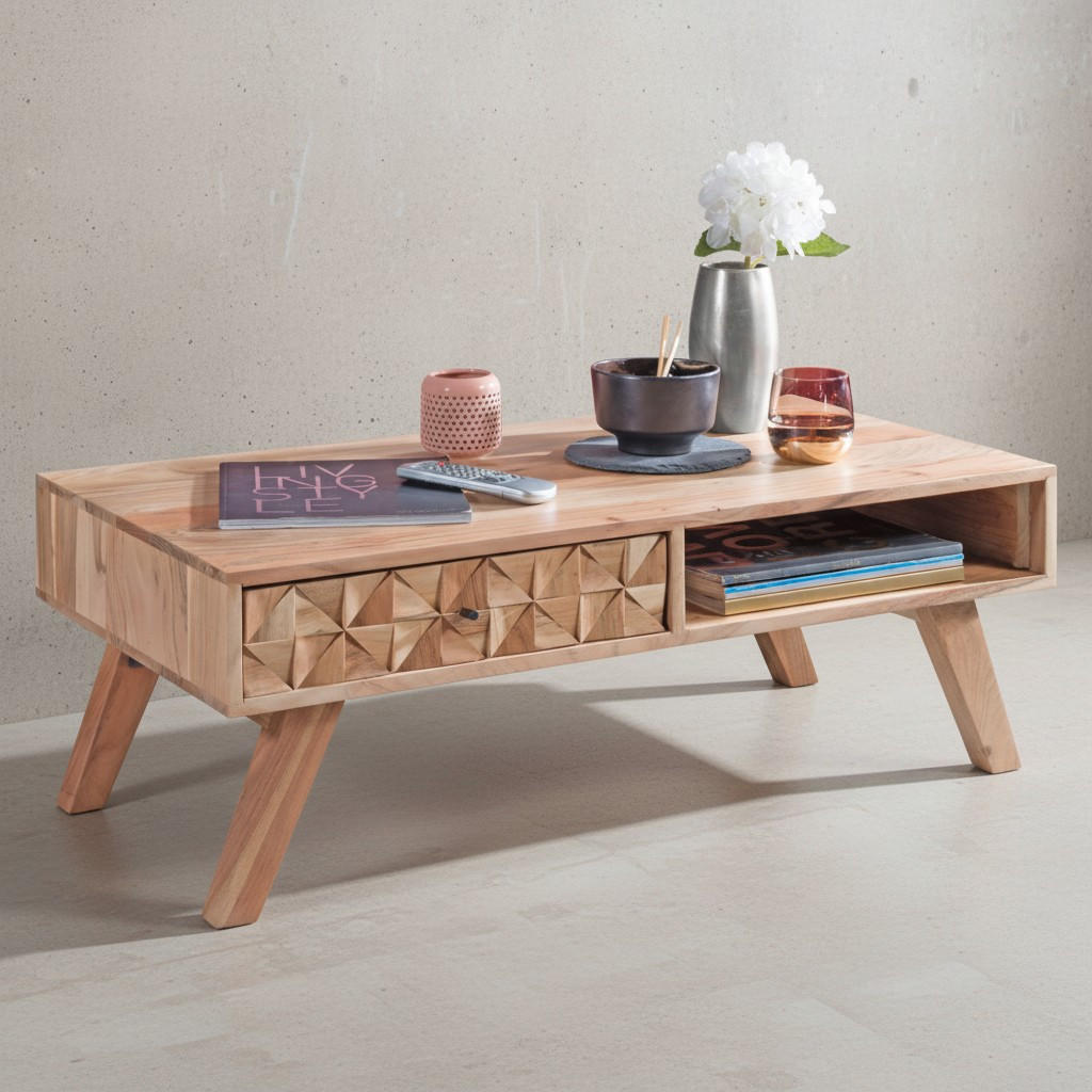 COUCHTISCH Landhausstil Massivholz mit Schublade und Ablagefach, Maße 95x35x50 cm - Beige, Akazienholz/Holz (50/95/35cm) - KADIMA DESIGN