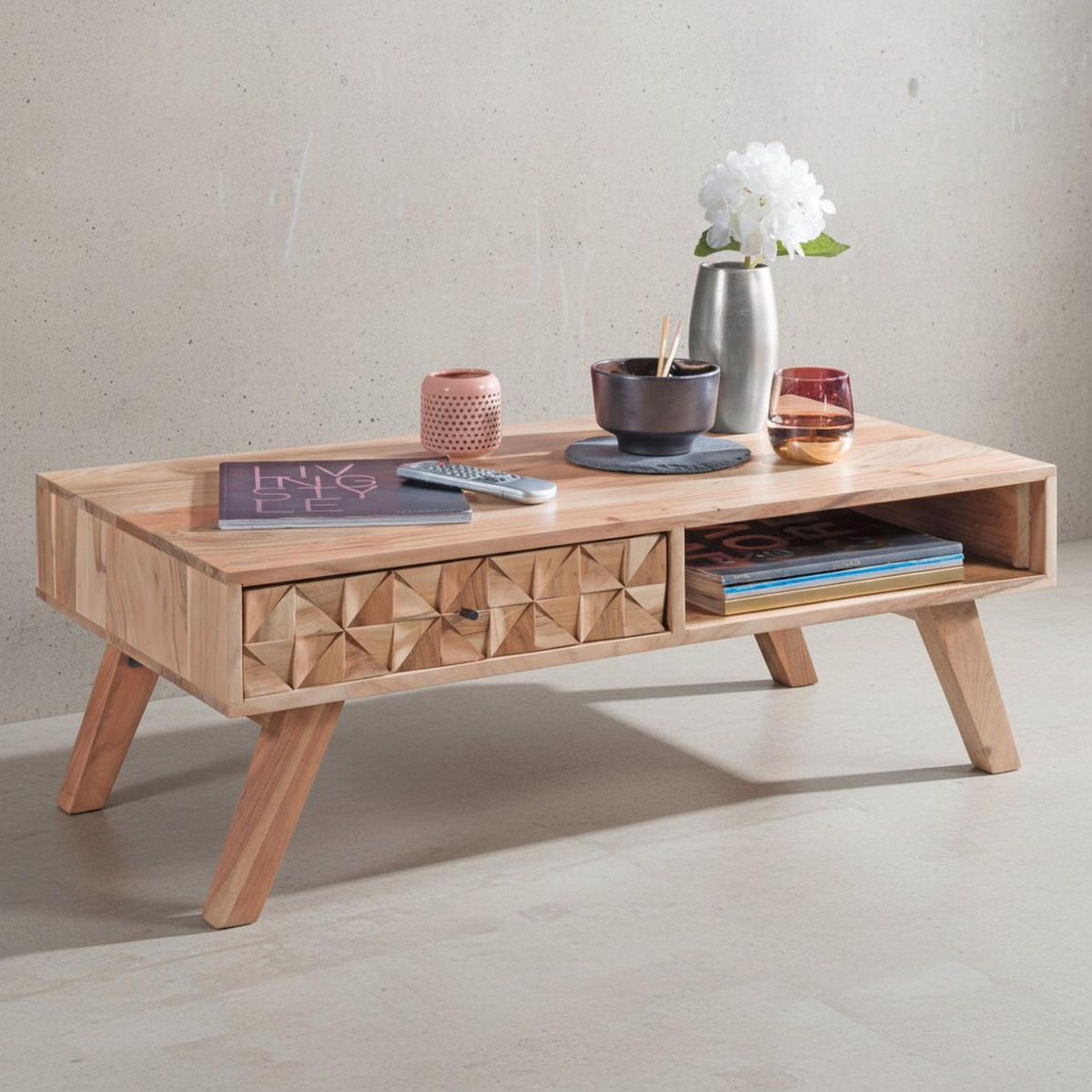 COUCHTISCH Landhausstil Massivholz mit Schublade und Ablagefach, Maße 95x35x50 cm - Beige, Akazienholz/Holz (50/95/35cm) - KADIMA DESIGN