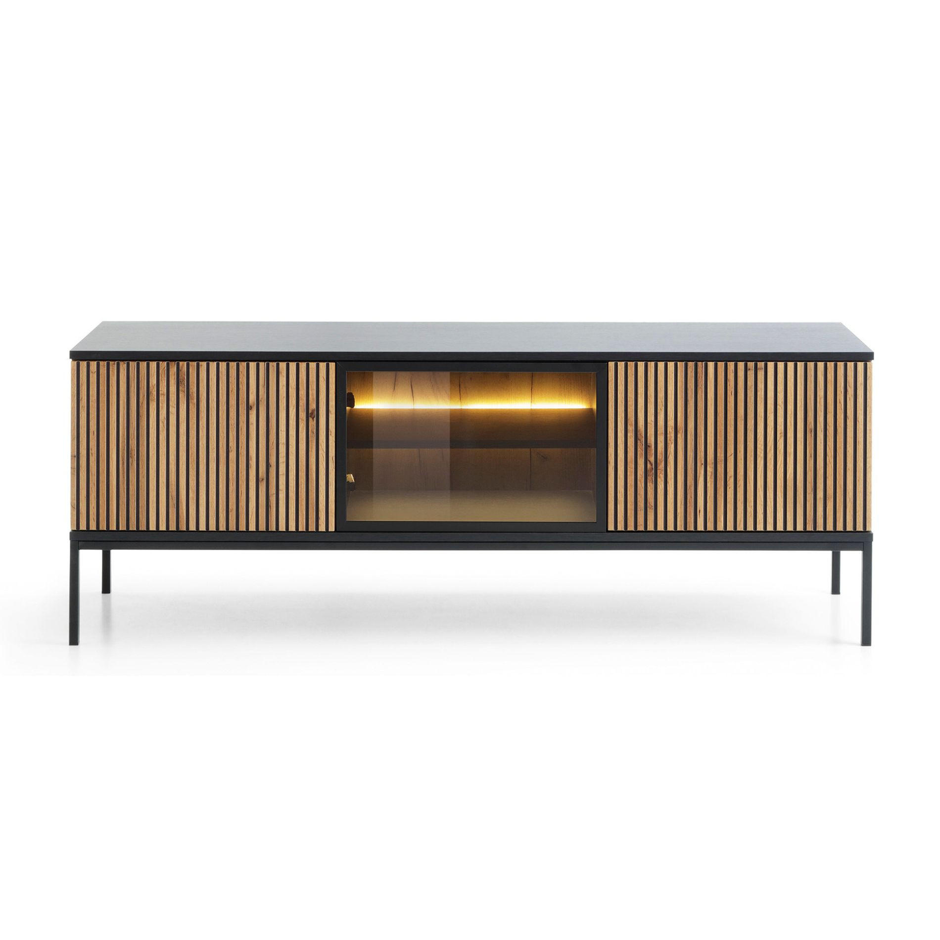 TV-LOWBOARD Tosena Schwarz / Eiche mit LED 154 cm - Eichefarben/Schwarz, Holzwerkstoff/Metall (154/56/39cm) - Selsey