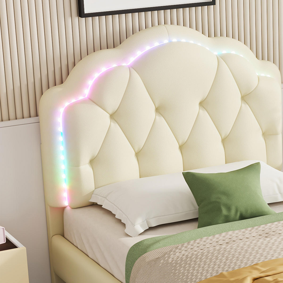 POLSTERBETT 90x200 mit LED-Lichtstreifen und wellenförmigem Kopfteil, Kunstleder Bezug, Tragkraft 136 kg, beige - Beige, Kunststoff (90/200cm) - Luhomfu