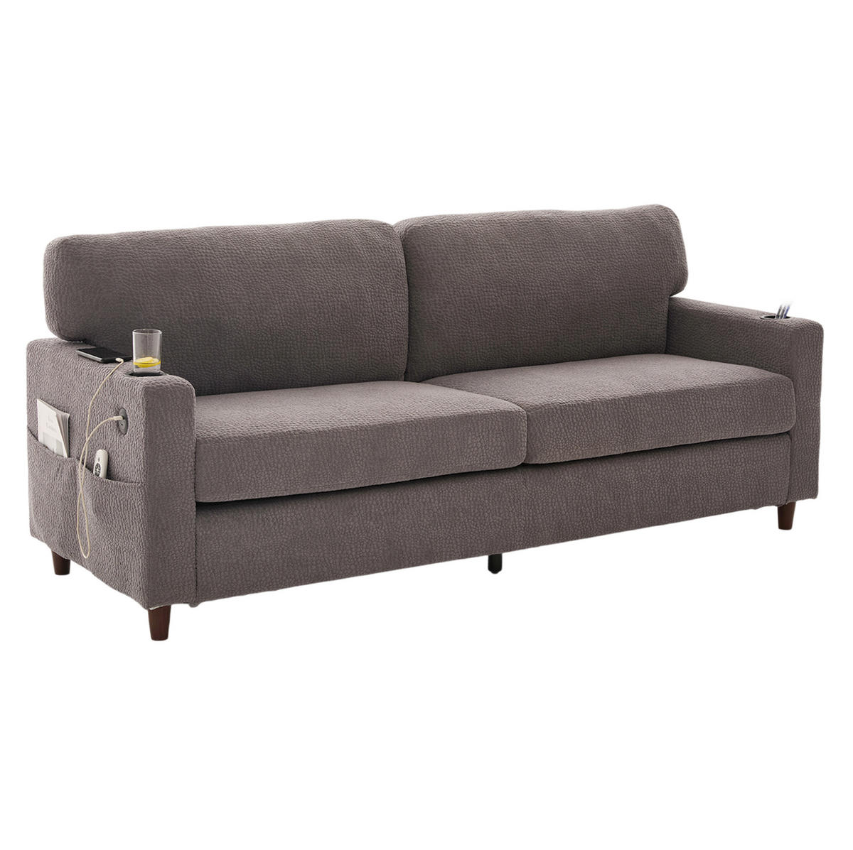 2-SITZER-SOFA aus Chenille 203x77,5x86 cm Hellgrau mit USB-C, LED, Getränkehaltern und Seitentaschen - Hellgrau, Textil (77.5/86/203cm) - Modfu