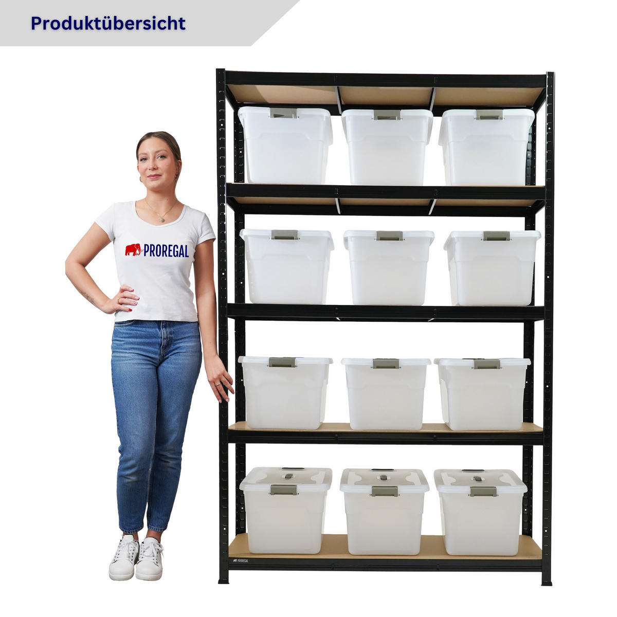 SCHWERLASTREGAL Ragnar inkl. 12x Aufbewahrungsbox 30 Liter - Schwarz, Metall (120/180/40cm) - PROREGAL