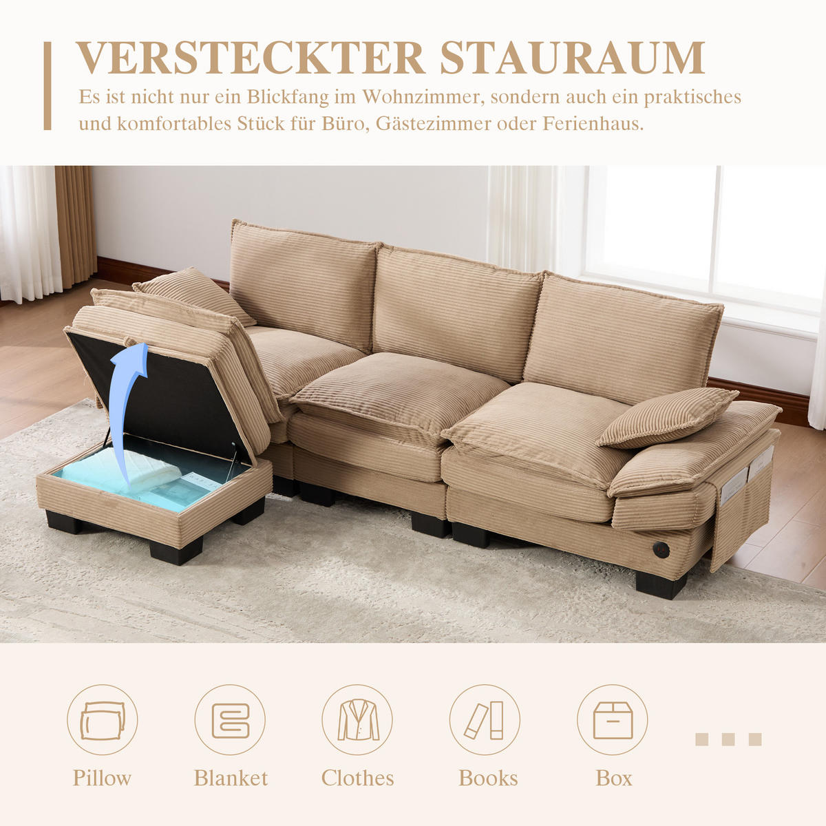 ECKSOFA 260/132/84 cm Khaki Cord mit 1 Fußhocker, USB-C-Anschluss und Seitentaschen - Sandfarben/Graubraun, Textil (260/132cm) - Oxeza