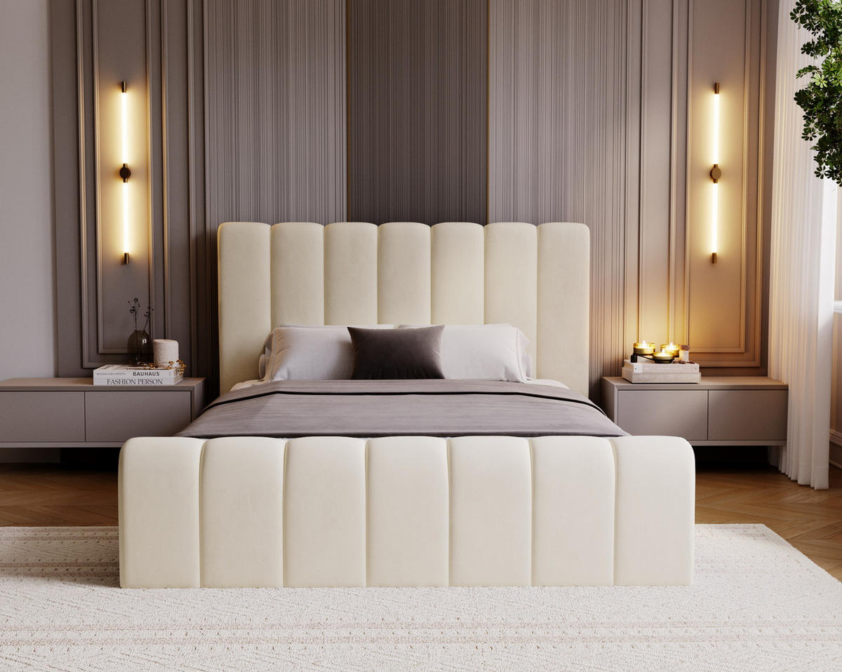 DOPPELBETT 160x200 Valetta mit Bettkasten, Velvet Vanille - Beige, Holz/Textil (160/200cm) - Emporius