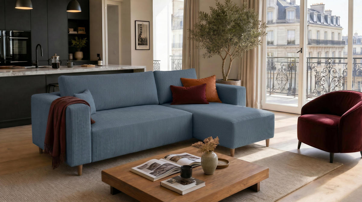 ECKSOFA RIO mit Schlaffunktion und Bettkasten, Farbe: Blau, Cordstoff, Ottomane Universal - Blau, Textil (249/142cm) - Marpur