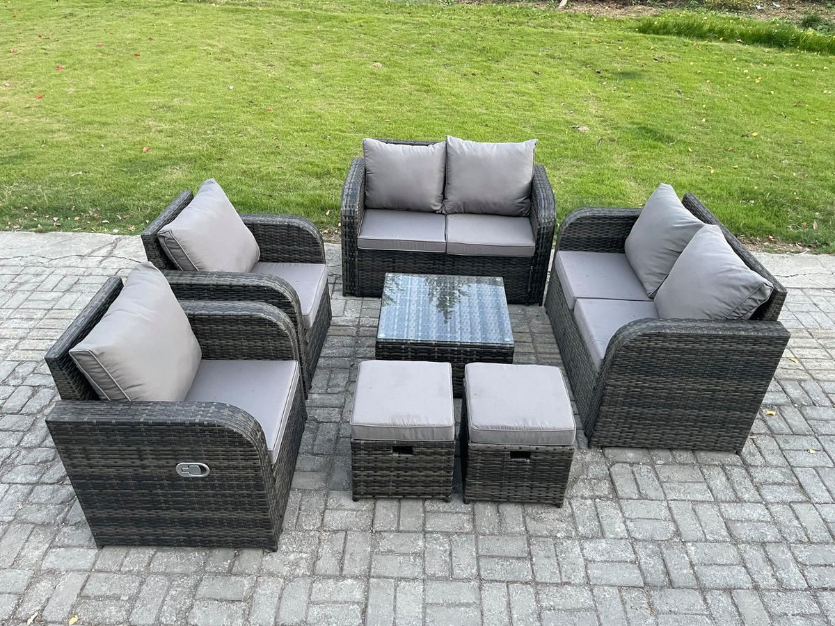 GARTENMÖBELGARNITUR Polyrattan Dunkelgrau 8-Sitzer - Dunkelgrau, Metall - Fimous