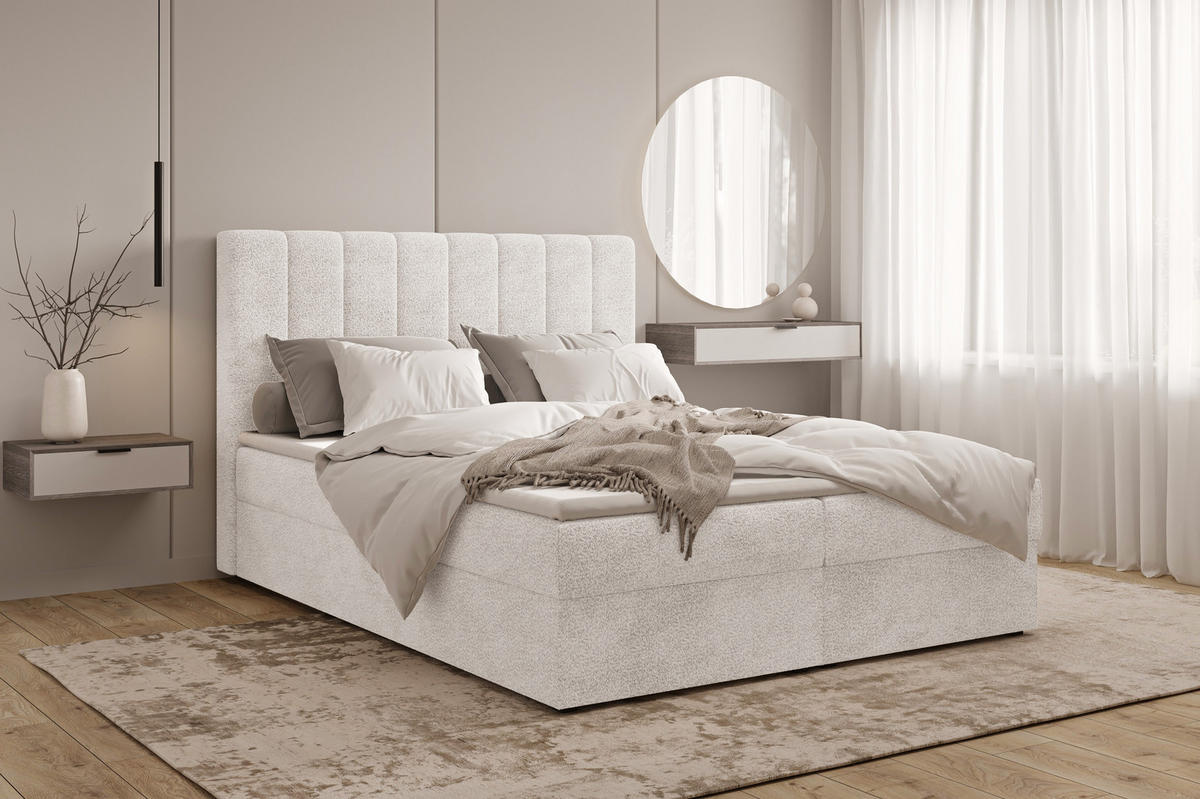 BOXBETT 01 140 x 200 cm - Arena – Stilvoll und bequem Mit Bettkasten, PU-Topper, Federmechanismus, waschbarer Bezug - Weiß, Holz (140/200cm) - ROYAL24_MARKT
