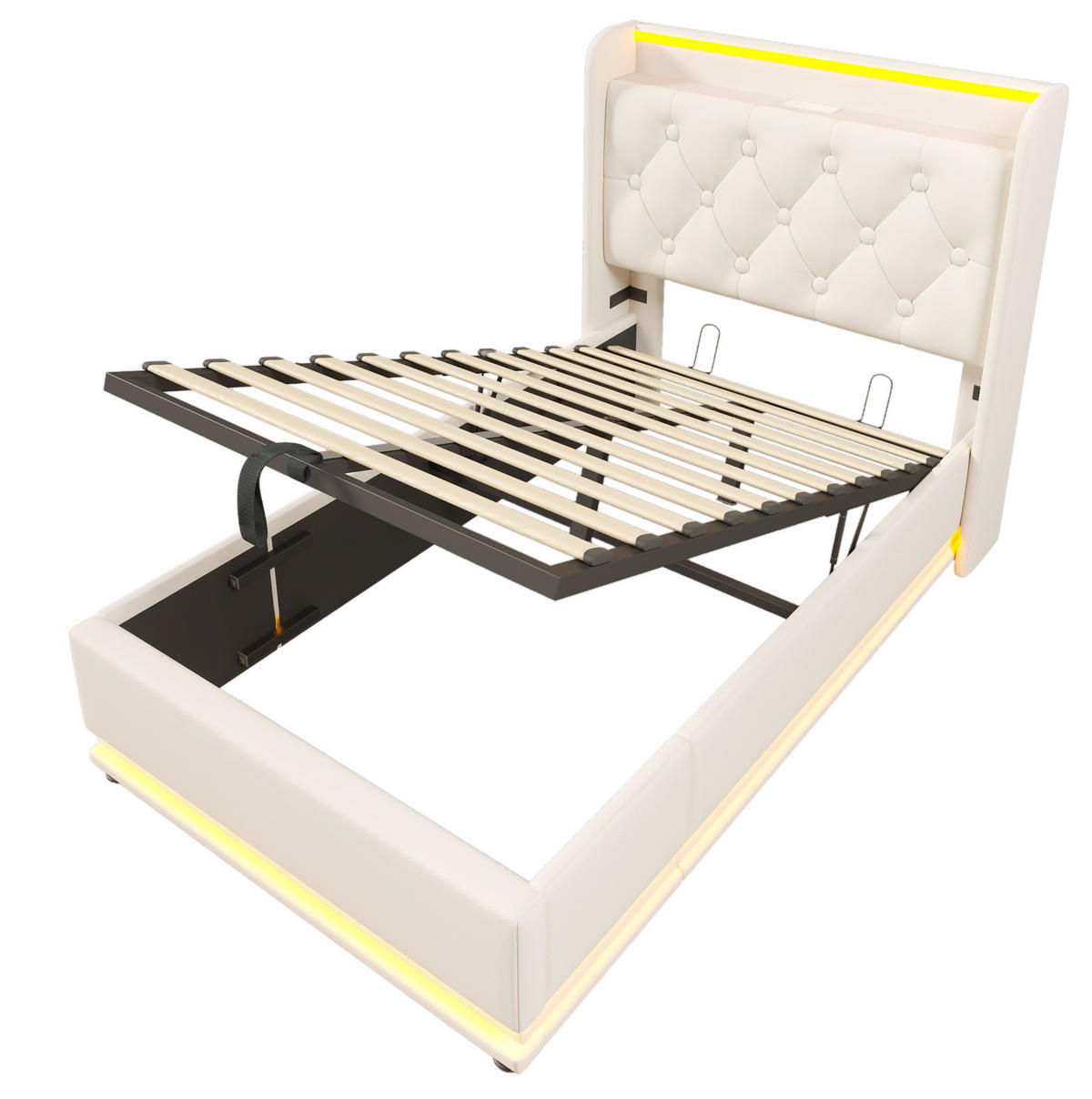 POLSTERBETT 90/200 cm Weiß aus PU mit Stauraum, LED-Beleuchtung und USB - Weiß, Kunststoff (90/200cm) - Flora Grace