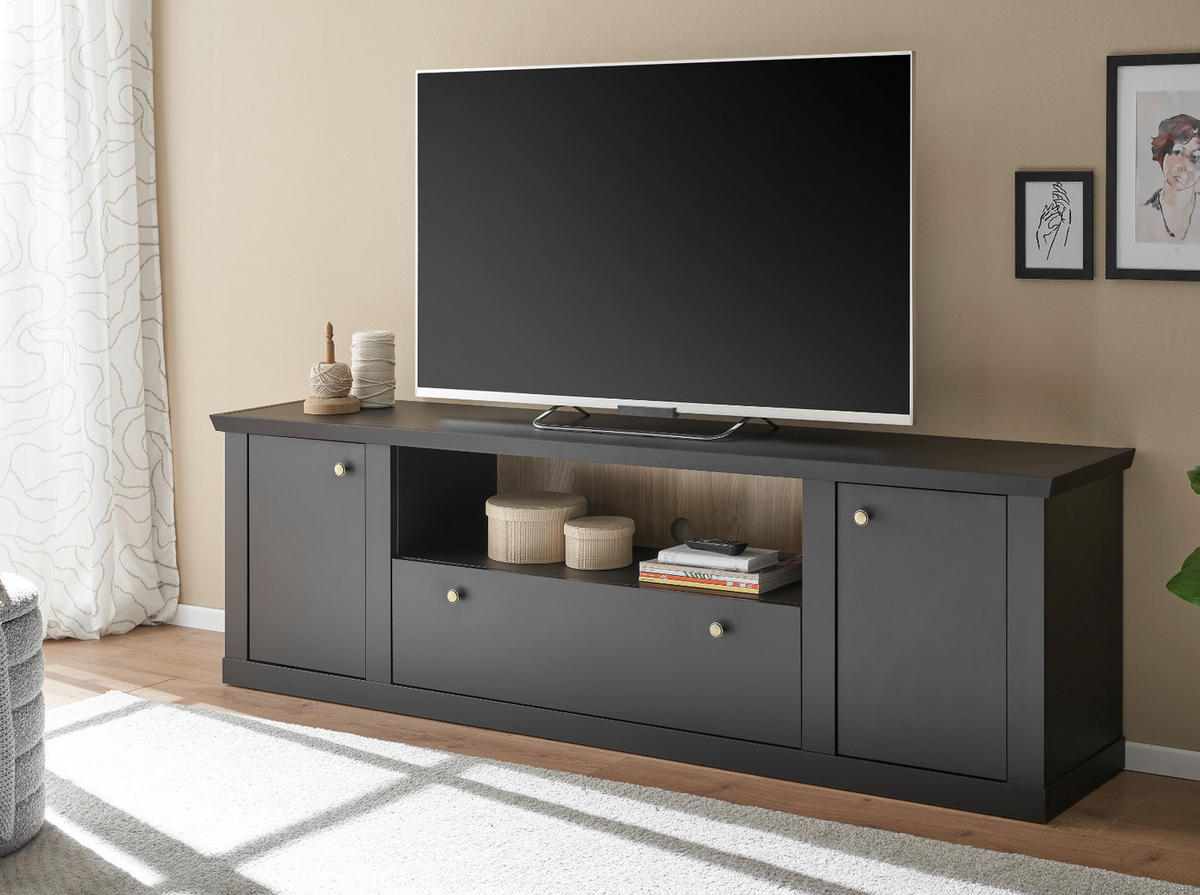 TV-LOWBOARD schwarz matt, Eiche Landhaus 205 cm, TV Unterteil mit Soft-Close - Eichefarben/Messingfarben, Holzwerkstoff/Metall (205/62/42cm) - Furn.Design