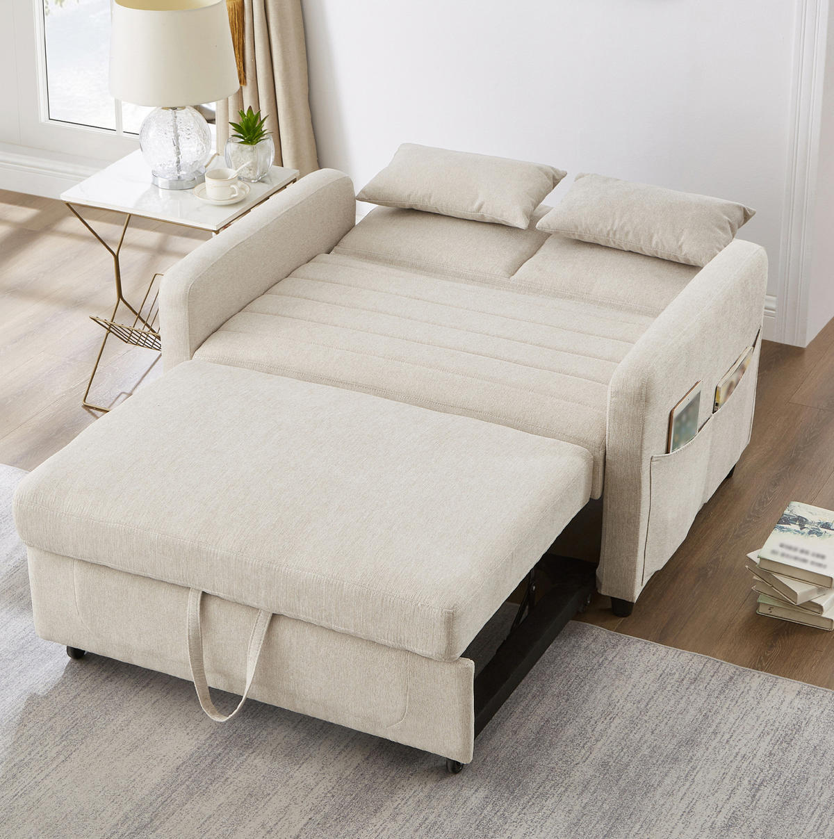 SOFABETT Baumwoll-Leinen mit Ausziehfunktion und verstellbarer Rückenlehne Beige 114/77/82,5 cm - Beige, Textil (77/82.5/114cm) - Redom
