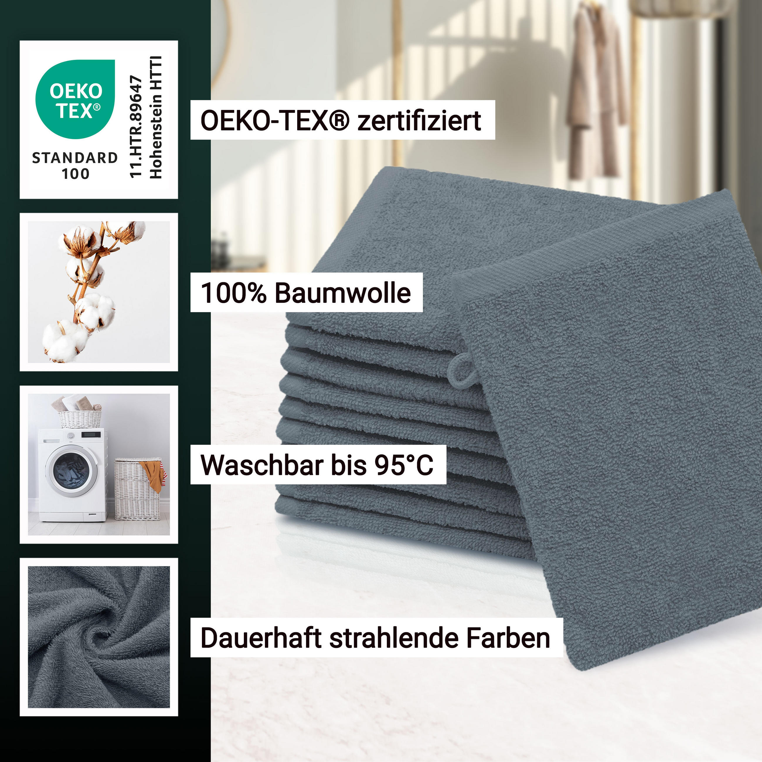 WASCHHANDSCHUH, 10er-Set, 16x21 cm, 100% Baumwolle, Grau - Grau, Textil (16/21cm) - Zollner