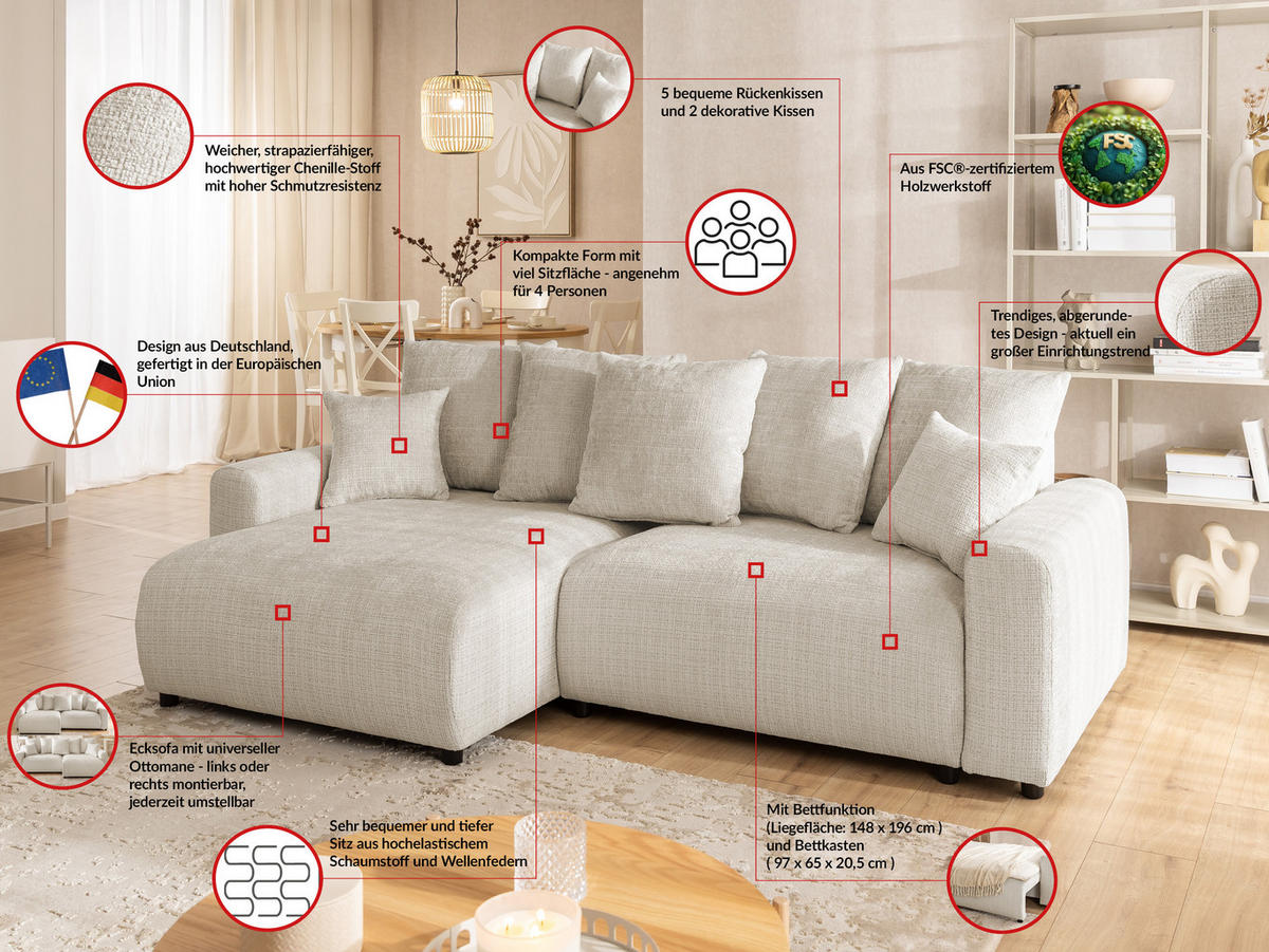 ECKSOFA Calma mit Schlaffunktion und Bettkasten im Bumpy-Design aus weichem Beige Chenille-Stoff - Ottomane links - Beige/Schwarz, Holz/Kunststoff (140/239cm) - S-Style Möbel