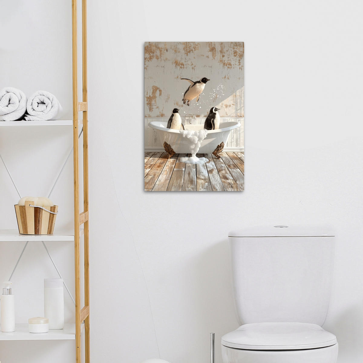 LEINWANDBILD Vintage - Pinguin - Badewanne - Schaumstoff 40x60 cm - Schwarz, Textil (40/60cm) - MuchoWow