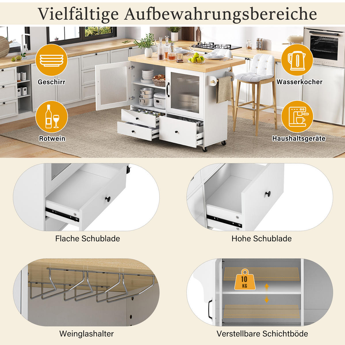 KÜCHENINSEL Mobile 100cm in Weiß & Natur - Weiß, Holzwerkstoff (100/92/42cm) - Urban Meuble