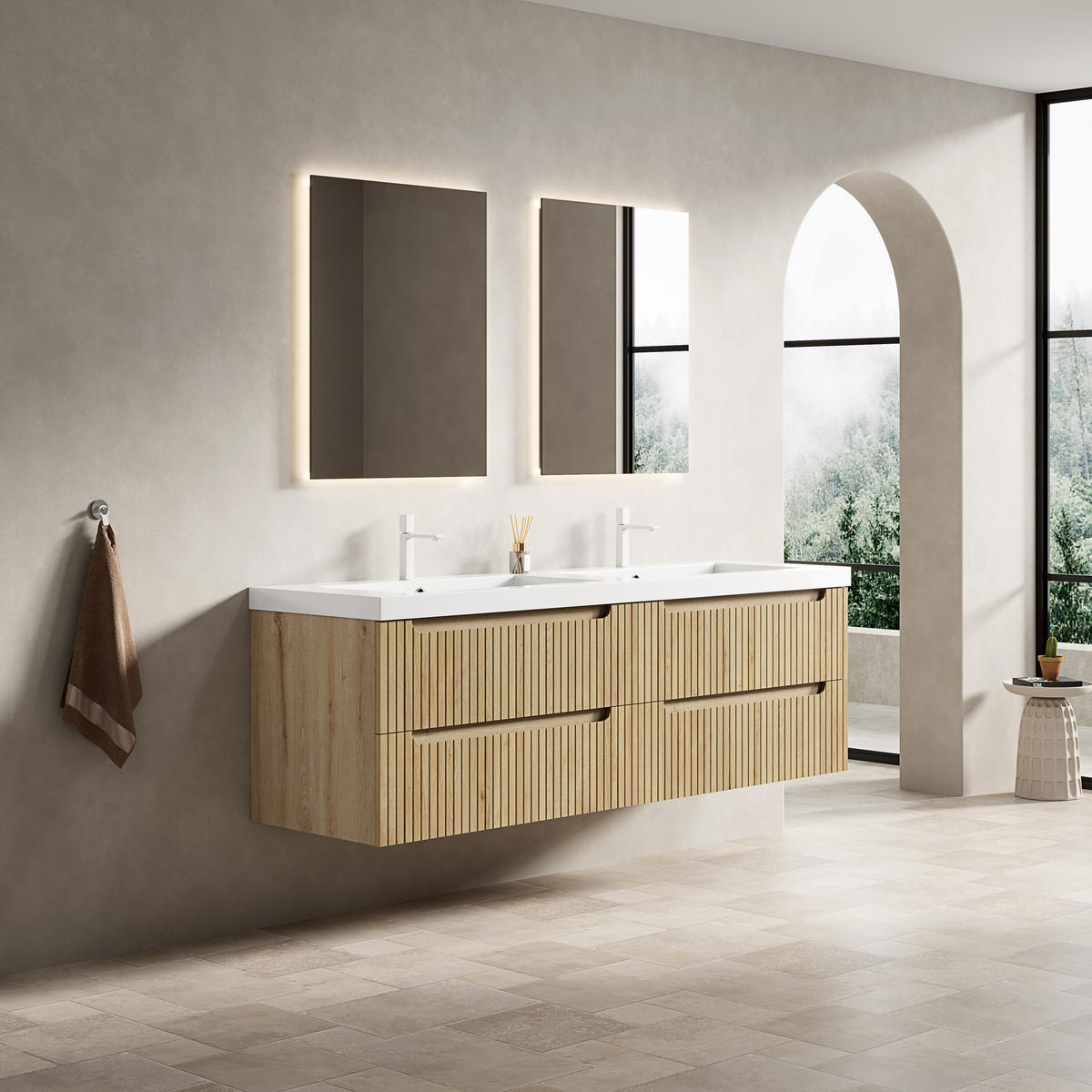 WASCHTISCHUNTERSCHRANK 160x46x53cm Weiß/Weißeiche mit Kunststeinbecken - Eichefarben, Kunststoff (160/53/46cm) - Modfu